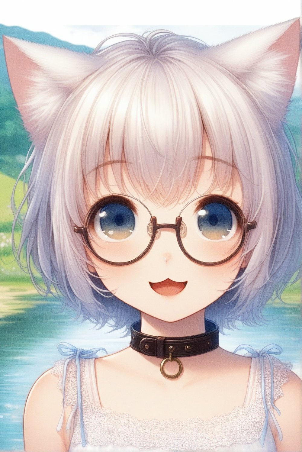 beautiful details, uniform 8K wallpaper, high resolution, exquisite texture in every detail,  beautiful illustration,manga touch

1girl, ((high school-age girl)), shyness,
look at viewer, upper body,
summer, japanese countryside, in lakeside,
white Summer-like camisole dress , blue line ribbon, lots of lace,

((nekomimi)),Cat ears the same color as her hair,
short hair, open mouth, (glasses), round eyes, cat collar, smile,

nekomimimeganekao