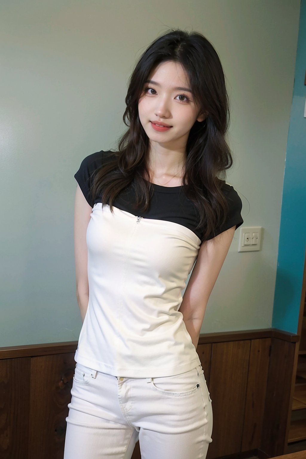 best quality,masterpiece,ultra high res,looking at viewer,simple background, 1girl, solo, looking_at_viewer, black hair,realistic,(standing),slim,(smile)(,hands_behind_back),