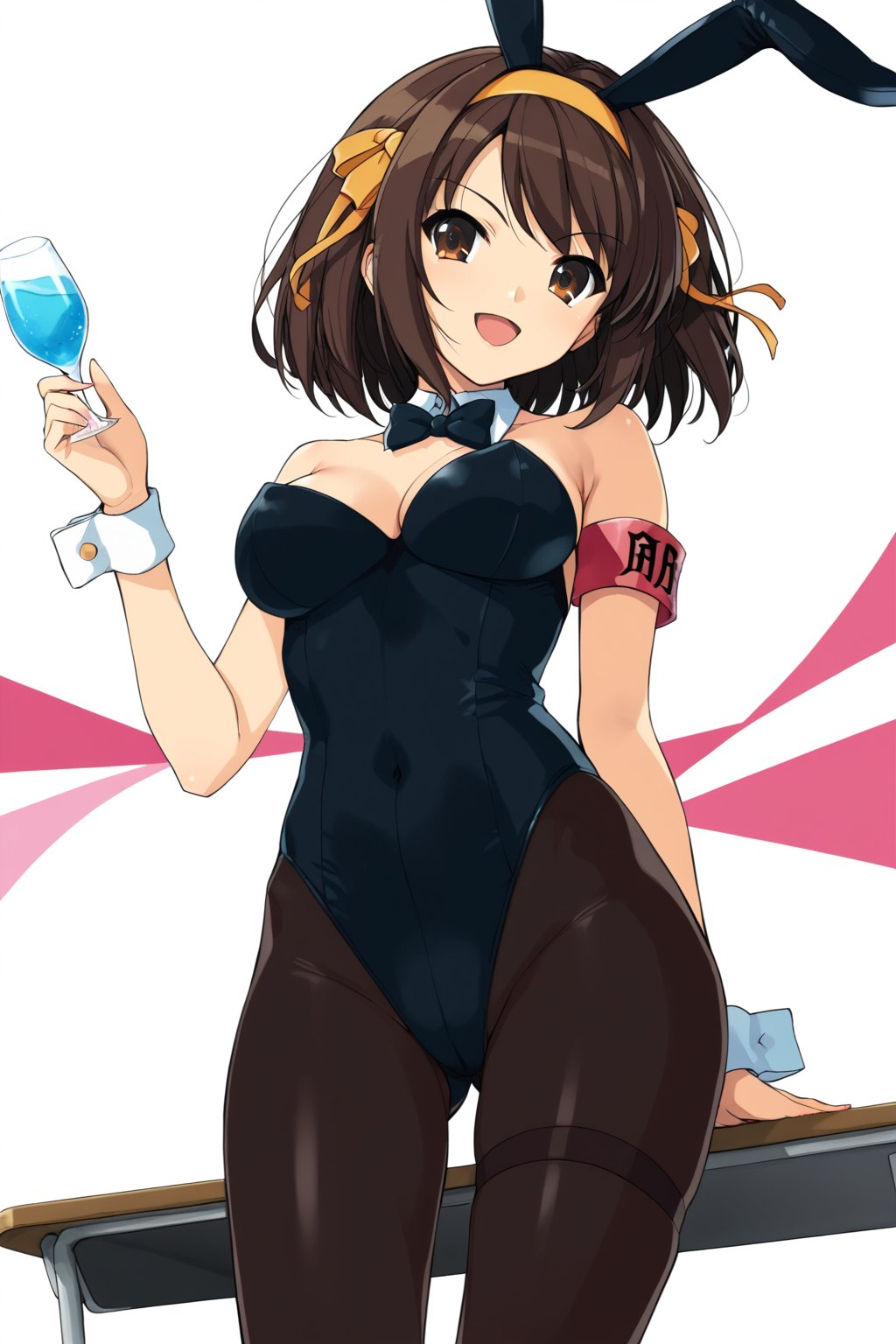 ( at school )  , 
BREAK , 
score_9, score_8_up, score_7_up, score_6, score_5, score_4, ( masterpiece , ultra Detailed  ) , 
,playboy bunny , pantyhose , bowtie , thigh-strap ,1  red  armband  , black leotard , shilver grossy pantyhose  , 
suzumiya_haruhi , brown hair , 