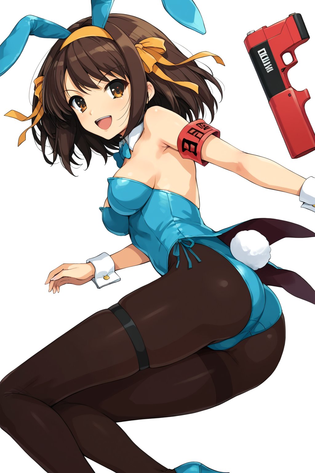 at school , 
BREAK , 
score_9, score_8_up, score_7_up, score_6, score_5, score_4, ( masterpiece , ultra Detailed  ) , 
,playboy bunny , pantyhose , bowtie , thigh-strap , red  armband  , 
suzumiya_haruhi ,