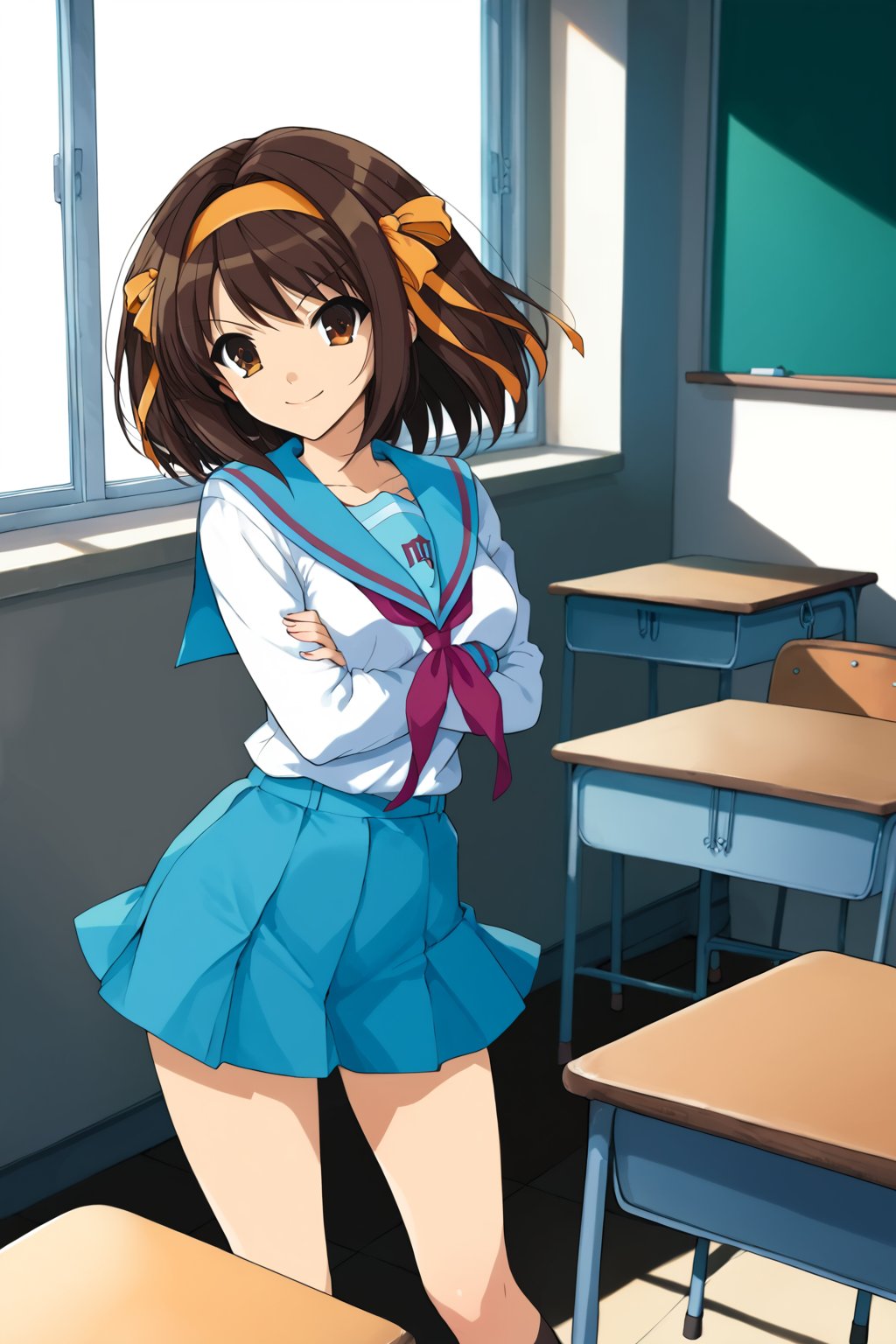 school uniform , ( in classroom , at school )  , 
BREAK , 
score_9, score_8_up, score_7_up, score_6, score_5, score_4, ( masterpiece , ultra Detailed  ) ,
suzumiya_haruhi , brown hair , 