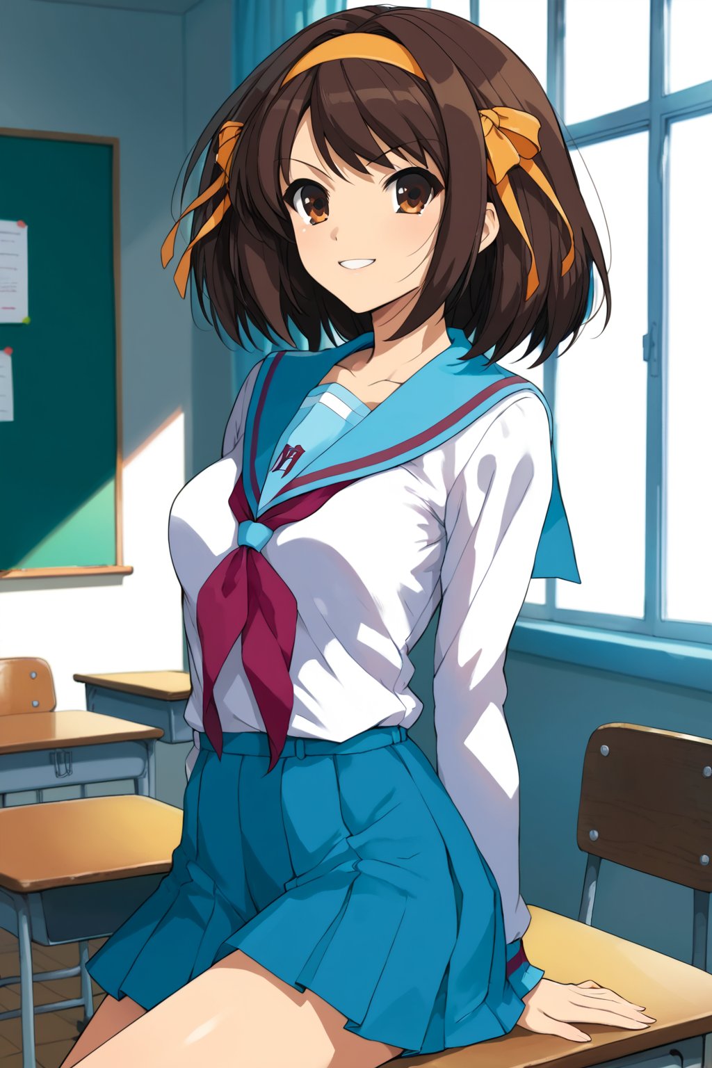 school uniform ,  in classroom  , 
BREAK , 
score_9, score_8_up, score_7_up, score_6, score_5, score_4, ( masterpiece , ultra Detailed  ) ,
suzumiya_haruhi , brown hair , 