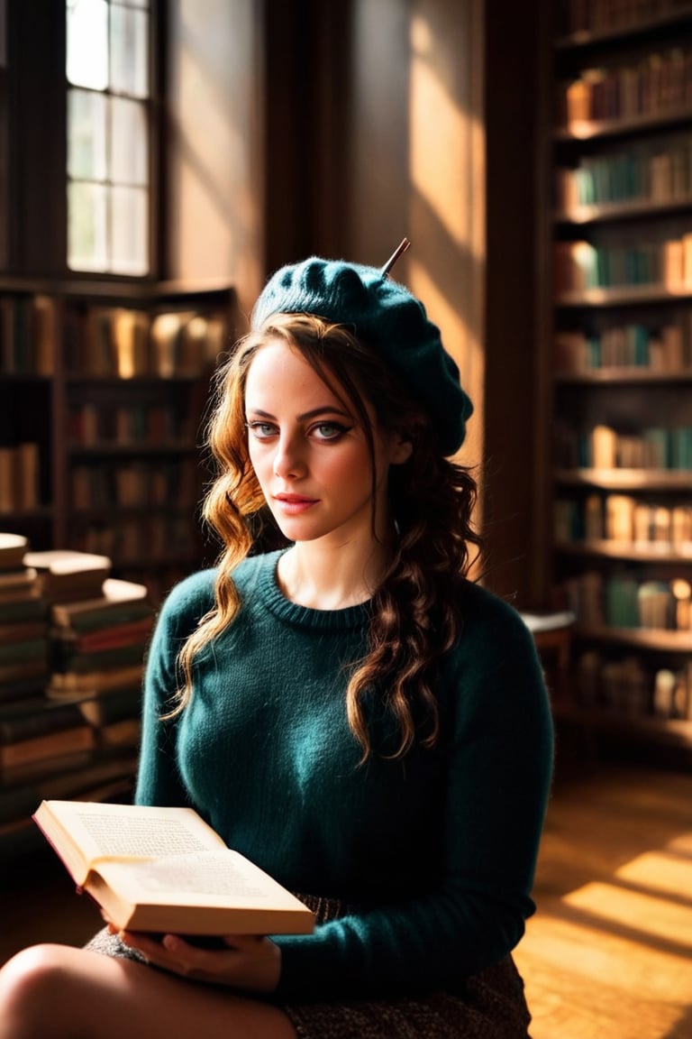 HQ photography, closeup portrait, sharp focus, bokeh background, high contrast, In a serene, cinematic setting, a lovely, young woman, reminiscent of Angeline, sits in an antique university library, looking at the book, Degas-like attention to detail captures every curl and curve of her body. In the background, an antique library full of books and ladders is bathed by the afternoon sun rays, creating a sense of depth and atmosphere. The overall effect is stunning, with cinematic flair, masterpiece, shines brightly on ArtStation, trending for all to admire.,dark academia outfit, brown teal color palette, knitted sweater dress, Rembrandt Lighting Style,darkacademia,photorealistic,knitted sweater, chunky sweater, tweed pants, beret,Kodak Motion Picture Film Style,Kaya Scodelario