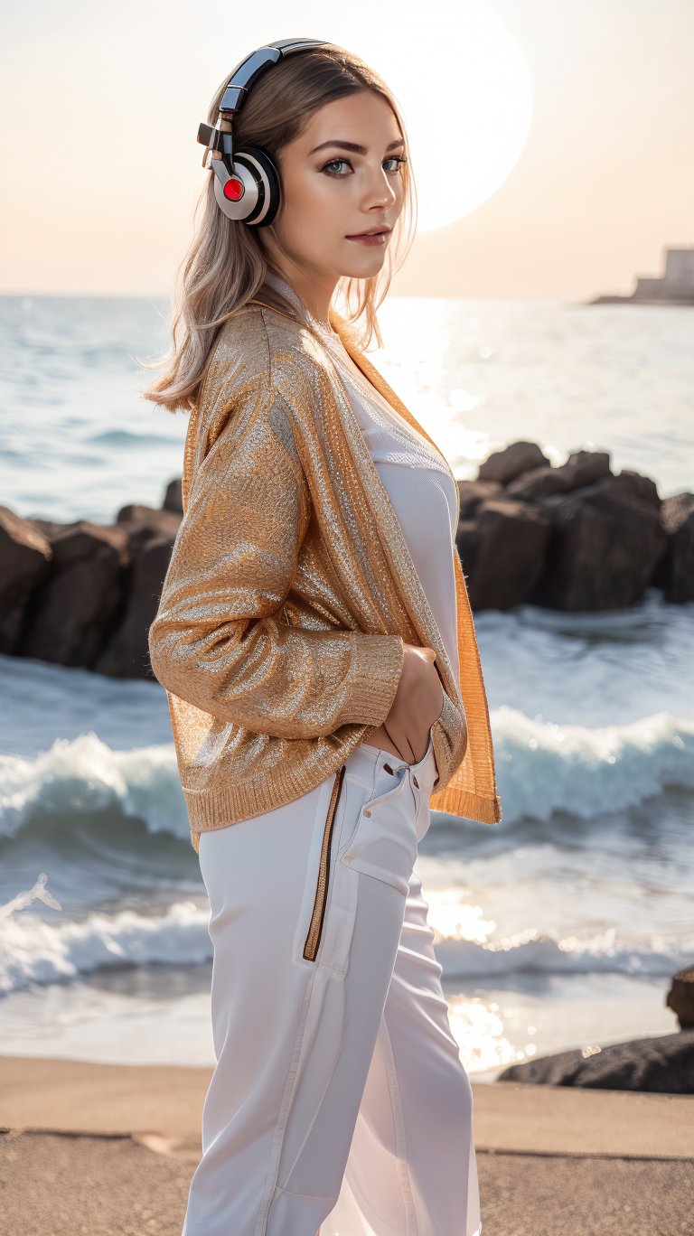 A dreamgirl radiates elegance in the fading light of a Japanese sunset by the sea. She stands solo, backlit by the warm glow, her honey brown hair styled in a mid-length layered cut with straight bangs. Wearing 90's-inspired white baggy pants and a grey jacket, she complements the scenery with classic art headphones and a fashion hairstyle. Her makeup is polished, framing her features against the vibrant orange hues of the setting sun. Shot on Lomography film, the image boasts high contrast, cinematic lighting, and exquisite detail, transporting viewers to an idyllic 66mm analog photography world.