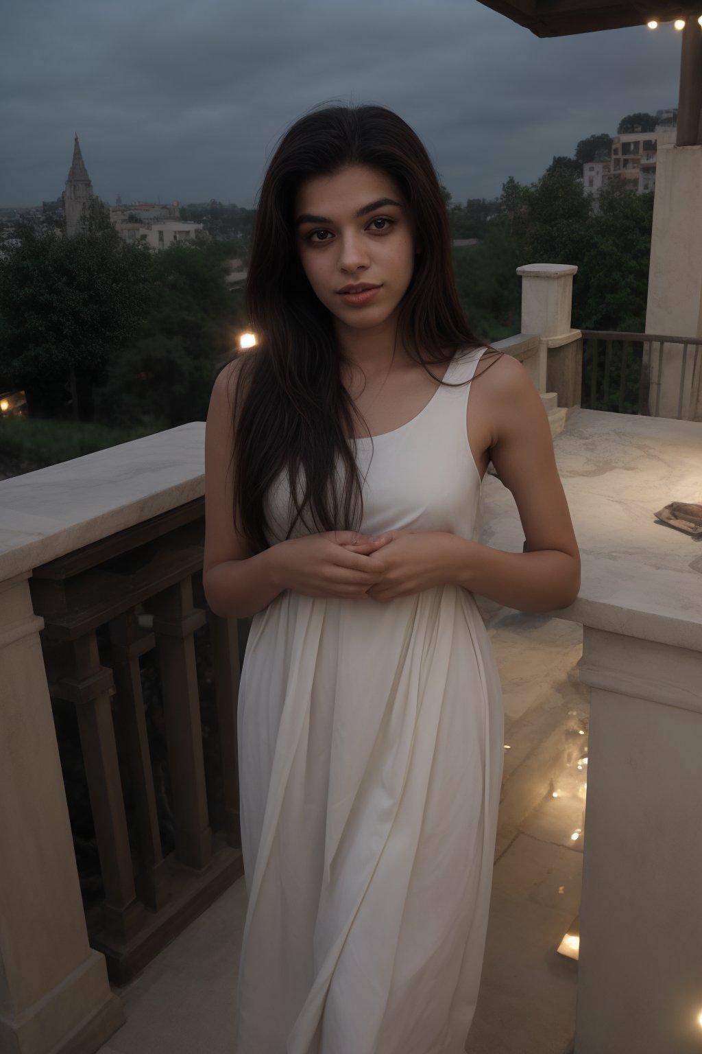 A stunning young woman with long, gazes directly into the camera lens. Her dark skin glows warmly in the soft light as she stands poised on a balcony railing, wearing a flowing white dress that seems to shimmer in the gentle illumination. Her eyes sparkle with an air of confidence and poise.,Plump 
