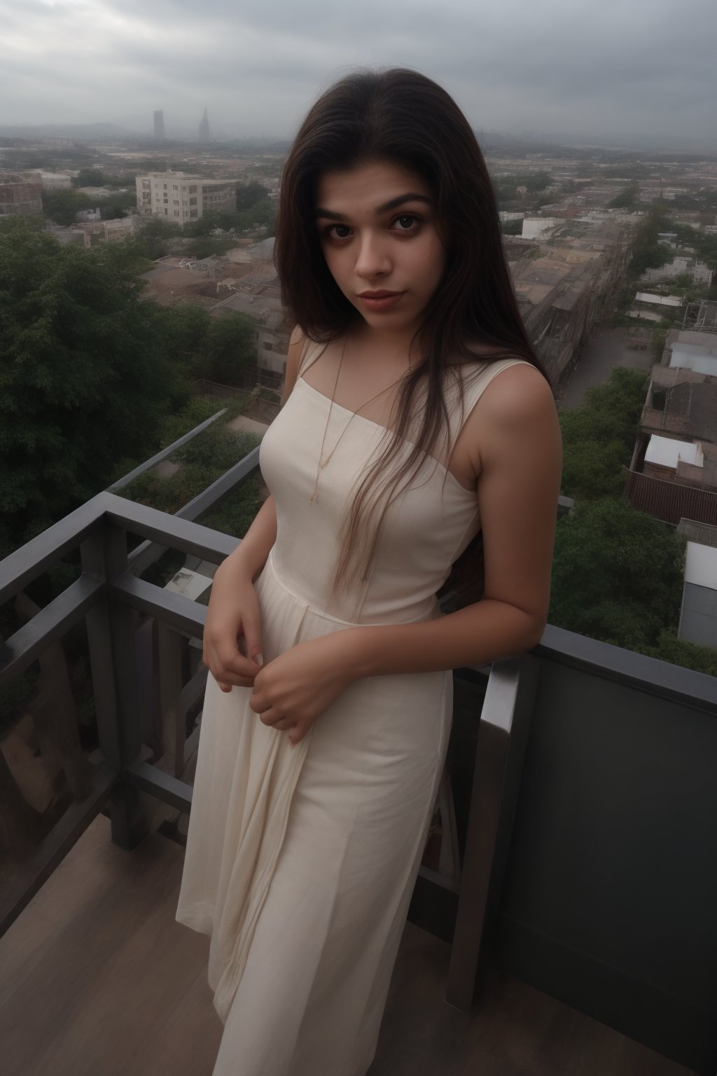 A stunning young woman with long, gazes directly into the camera lens. Her dark skin glows warmly in the soft light as she stands poised on a balcony railing, wearing a flowing white dress that seems to shimmer in the gentle illumination. Her eyes sparkle with an air of confidence and poise.