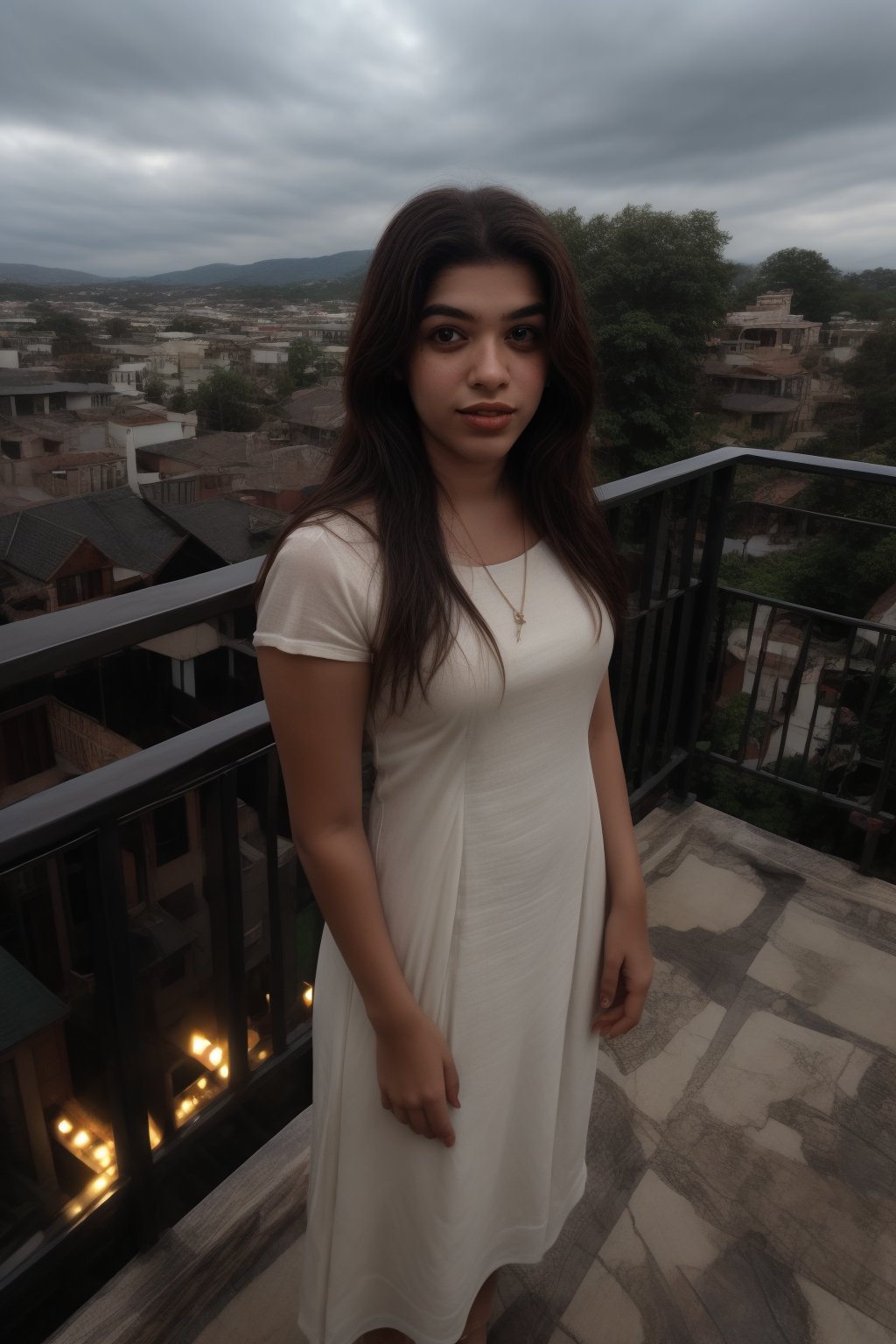 A stunning young woman with long, gazes directly into the camera lens. Her dark skin glows warmly in the soft light as she stands poised on a balcony railing, wearing a flowing white dress that seems to shimmer in the gentle illumination. Her eyes sparkle with an air of confidence and poise.