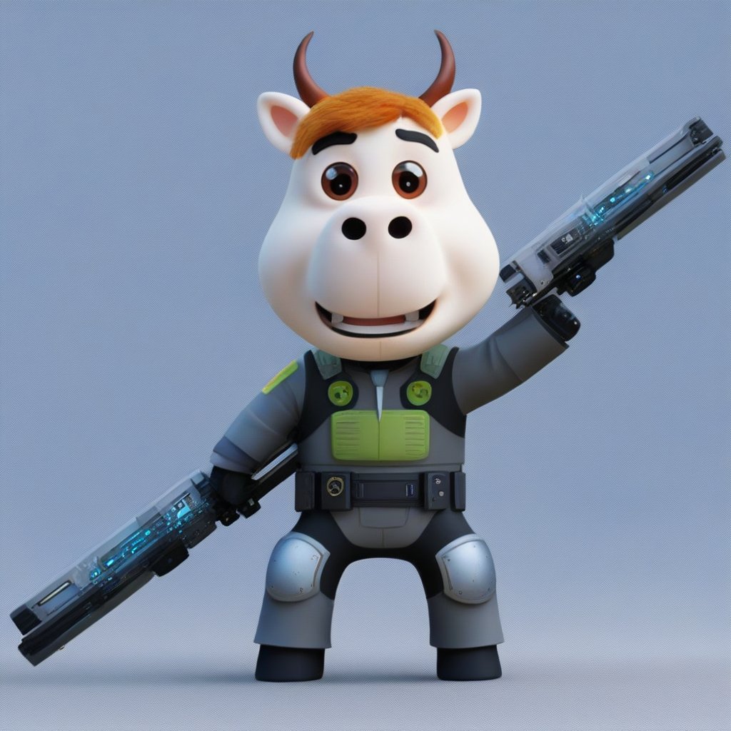 A Pixar-style character equipped with futuristic gear, such as sleek armor or high-tech gadgets, in an action-packed pose, possibly wielding a futuristic weapon or device, set in a visionary, sci-fi environment that showcases the imaginative and advanced technology typical of Pixar's future worlds.