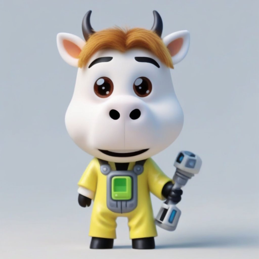 A Pixar-style character operating futuristic cleaning house equipment, like a self-propelled vacuum or a smart scrubber, with a focused expression, set against a simple, clean background that highlights the character's interaction with the advanced, sleek gadgets, maintaining the vibrant and detailed style of Pixar animation.