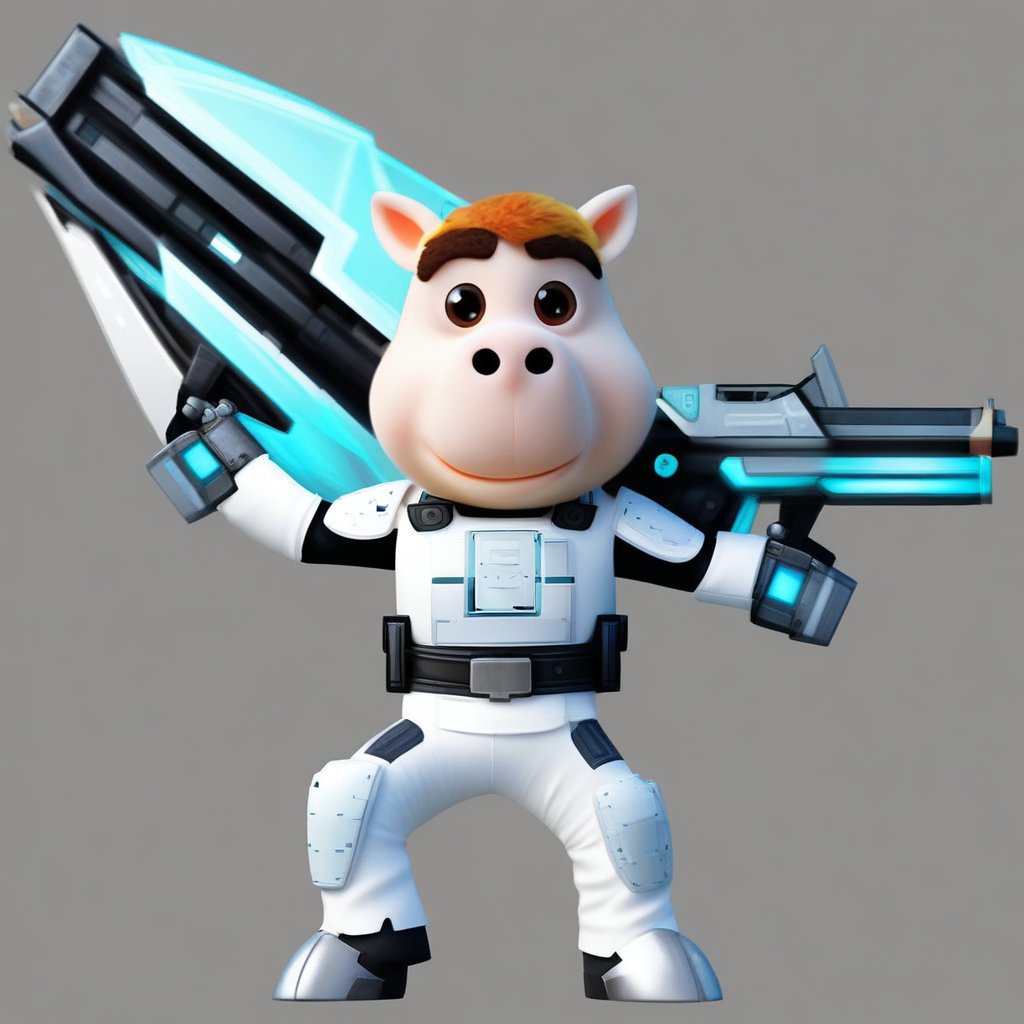 A Pixar-style character equipped with futuristic gear, such as sleek armor or high-tech gadgets, in an action-packed pose, possibly wielding a futuristic weapon or device, set in a visionary, sci-fi environment that showcases the imaginative and advanced technology typical of Pixar's future worlds.