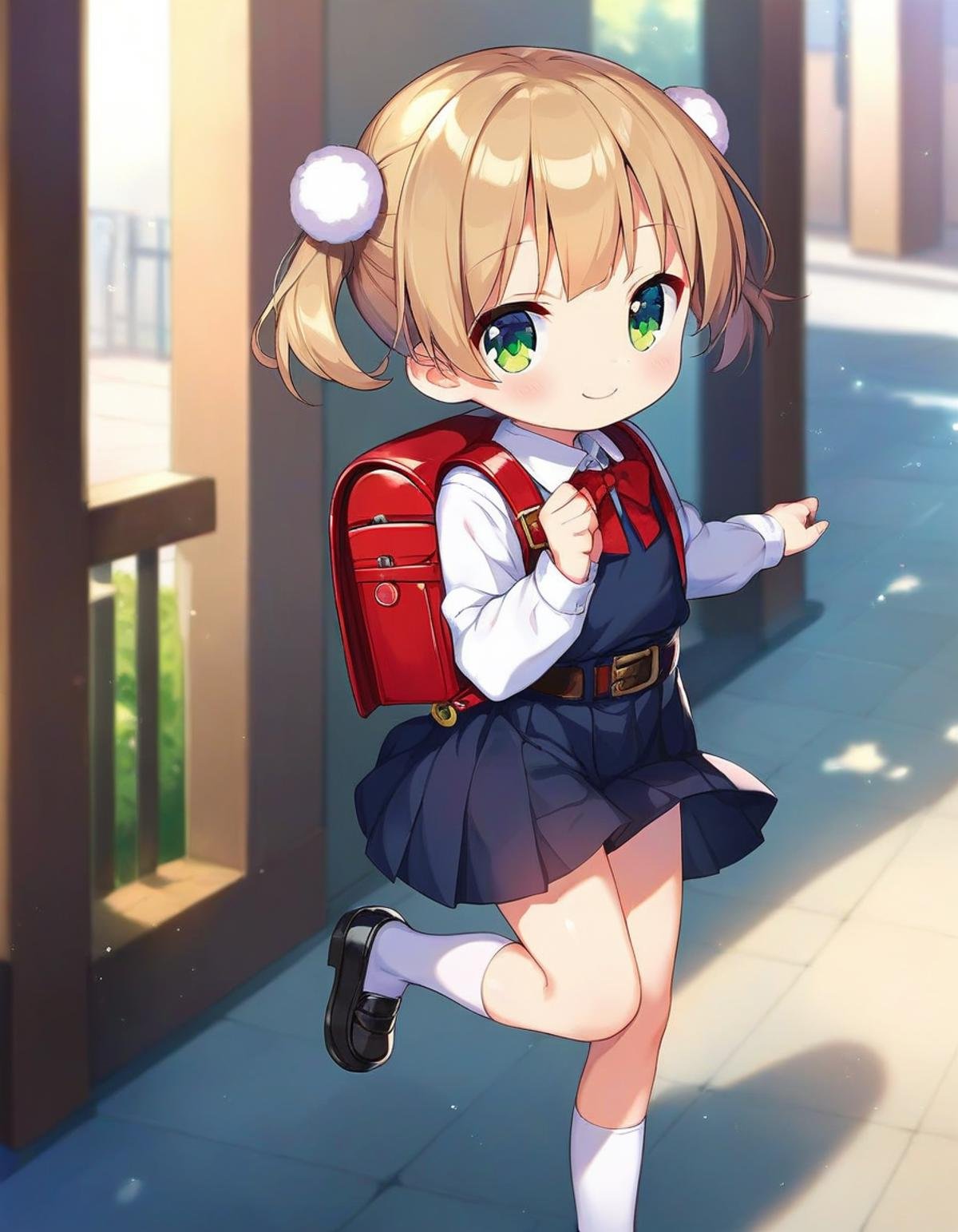 score_9,score_8_up,score_7_up,score_6_up BREAK official art,solo,outdoors,smile,looking at viewer,facing viewer,chibi,aged down,child,Shigure Ui(chibi),short hair,light brown hair,twintails,pom pom hair ornament,hair intakes,green eyes,school uniform,bangs,red bow,collared shirt,white shirt,long sleeves,randoseru,red backpack,belt,black dress,sleeveless dress,pleated dress,pinafore dress,flat chest,kneehighs,white socks,black footwear,uwabaki,<lora:Shigure Ui(chibi)-Pony:0.7>,<lora:Smooth Anime Style LoRA XL:0.8>,