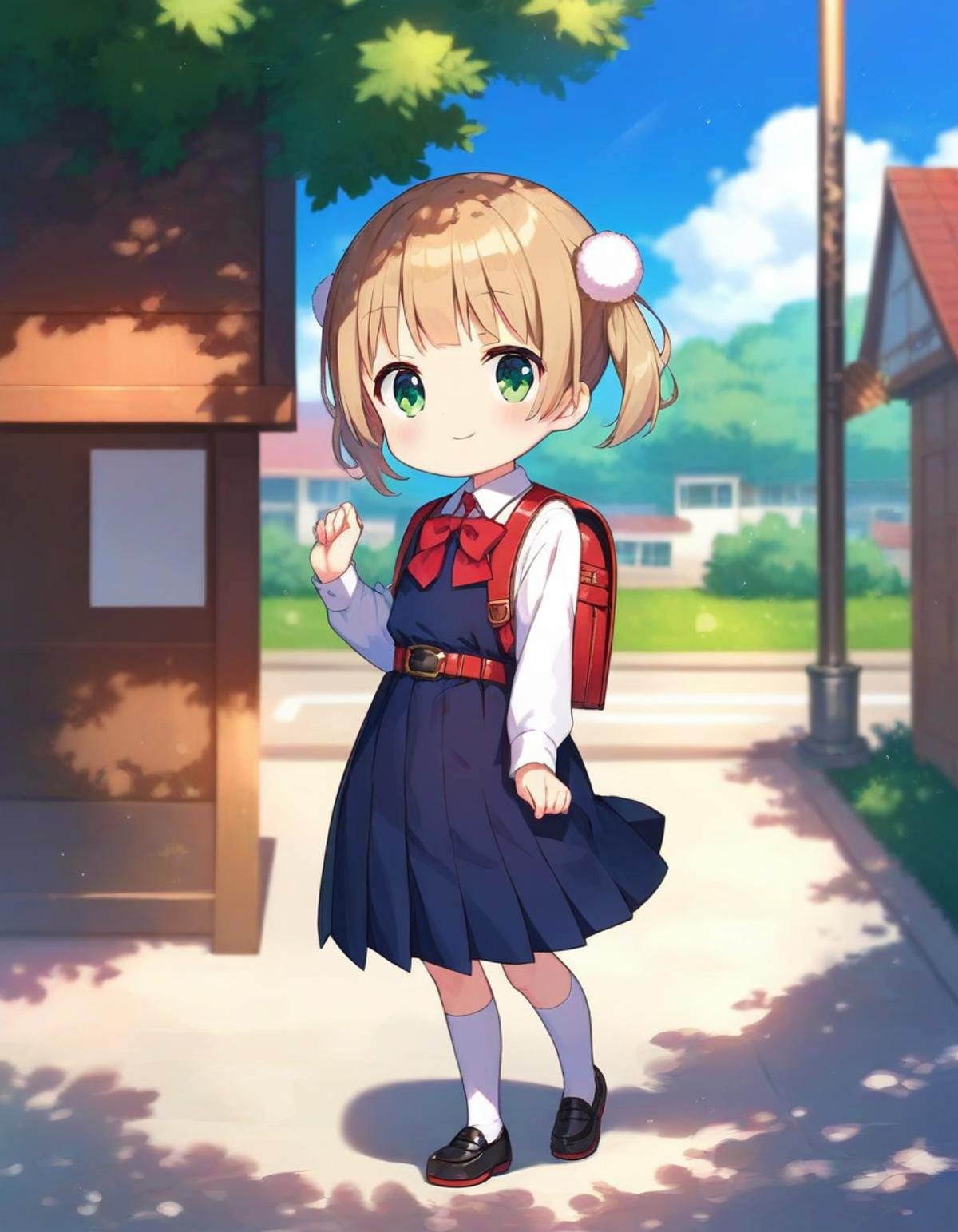 score_9,score_8_up,score_7_up,score_6_up BREAK official art,solo,outdoors,smile,looking at viewer,facing viewer,chibi,aged down,child,Shigure Ui(chibi),short hair,light brown hair,twintails,pom pom hair ornament,hair intakes,green eyes,school uniform,bangs,red bow,collared shirt,white shirt,long sleeves,randoseru,red backpack,belt,black dress,sleeveless dress,pleated dress,pinafore dress,flat chest,kneehighs,white socks,black footwear,uwabaki,<lora:Shigure Ui(chibi)-Pony:0.8>,<lora:Smooth Anime Style LoRA XL:0.8>,