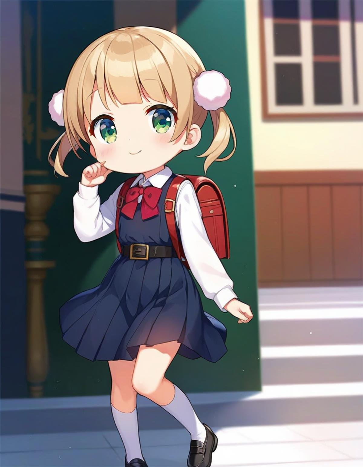 score_9,score_8_up,score_7_up,score_6_up BREAK official art,solo,outdoors,smile,looking at viewer,facing viewer,chibi,aged down,child,Shigure Ui(chibi),short hair,light brown hair,twintails,pom pom hair ornament,hair intakes,green eyes,school uniform,bangs,red bow,collared shirt,white shirt,long sleeves,randoseru,red backpack,belt,black dress,sleeveless dress,pleated dress,pinafore dress,flat chest,kneehighs,white socks,black footwear,uwabaki,<lora:Shigure Ui(chibi)-Pony:0.9>,<lora:Smooth Anime Style LoRA XL:0.8>,