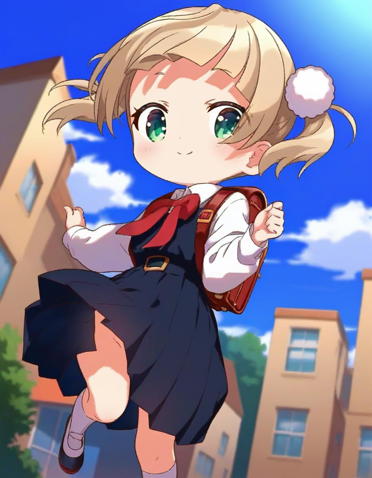 score_9,score_8_up,score_7_up,score_6_up BREAK official art,solo,outdoors,smile,looking at viewer,facing viewer,chibi,aged down,child,Shigure Ui(chibi),short hair,light brown hair,twintails,pom pom hair ornament,hair intakes,green eyes,school uniform,bangs,red bow,collared shirt,white shirt,long sleeves,randoseru,red backpack,belt,black dress,sleeveless dress,pleated dress,pinafore dress,flat chest,kneehighs,white socks,black footwear,uwabaki,<lora:Shigure Ui(chibi)-Pony:1.7>,<lora:Smooth Anime Style LoRA XL:0.8>,