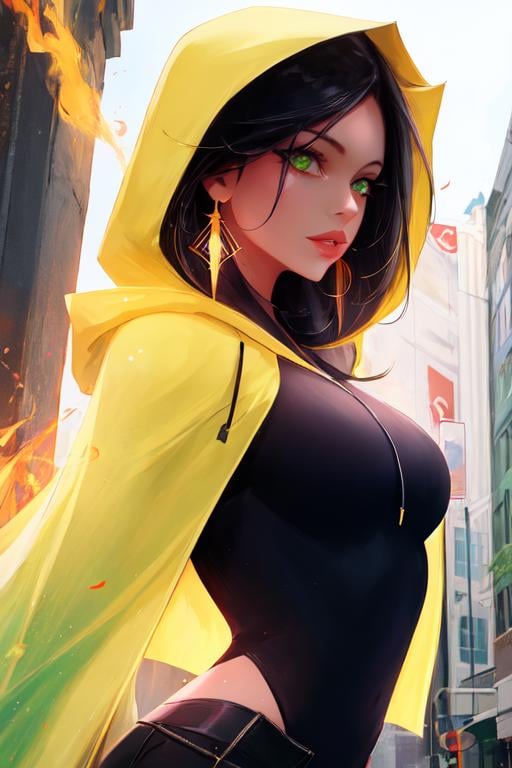 1girl, artist_name, black_hair, cape, earrings, fire, green_eyes, hood, hood_down, hoodie, jewelry, lips, looking_at_viewer, magic, short_hair, signature, solo, upper_body