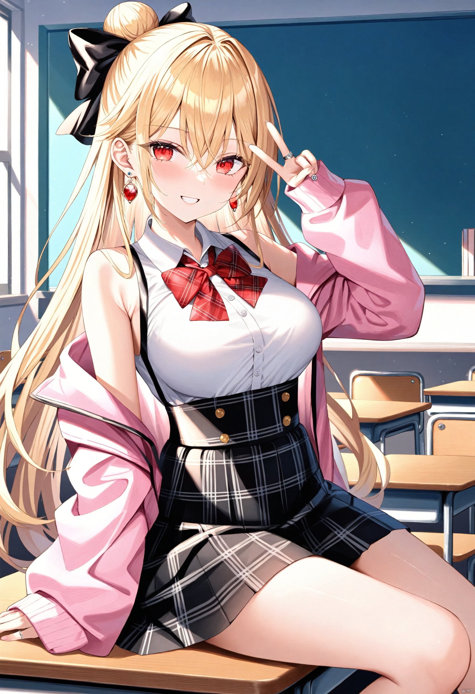 1girl, solo, long hair, breasts, looking at viewer, smile, bangs, skirt, blonde hair, large breasts, shirt, red eyes, long sleeves, bow, hair between eyes, bare shoulders, jewelry, medium breasts, sitting, very long hair, jacket, white shirt, hair bow, earrings, open clothes, sleeveless, puffy sleeves, collared shirt, indoors, hand up, bowtie, black skirt, off shoulder, hair bun, grin, red bow, open jacket, sleeves past wrists, plaid, sleeveless shirt, v, black bow, plaid skirt, single hair bun, ring, desk, puffy long sleeves, high-waist skirt, school desk, pink jacket, on desk, sitting on desk, BREAK, fine fabric emphasis,best quality,masterpiece,best quality,amazing quality,very aesthetic,absurdres,best quality,amazing quality,very aesthetic,absurdres,highly detailed,best quality,masterpiece,highly detailed,