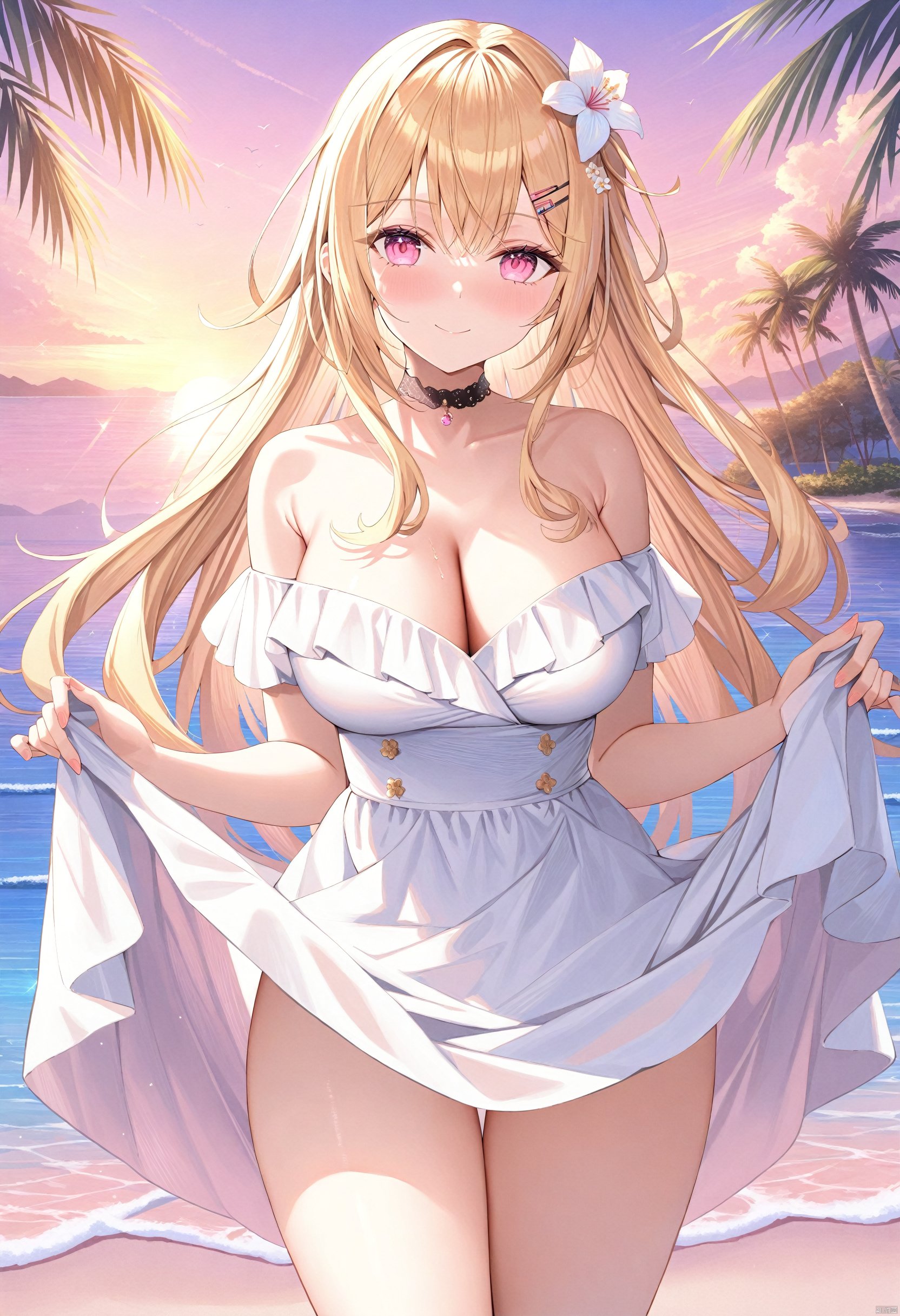 1girl, solo, long hair, breasts, looking at viewer, smile, bangs, blonde hair, large breasts, hair ornament, dress, cleavage, bare shoulders, closed mouth, standing, flower, cowboy shot, outdoors, sky, choker, hairclip, hair flower, pink eyes, water, off shoulder, white dress, tree, ocean, beach, sunset, skirt hold, palm tree, off-shoulder dress, break, fine fabric emphasis,best quality,masterpiece,best quality,amazing quality,very aesthetic,absurdres,best quality,amazing quality,very aesthetic,absurdres,highly detailed,best quality,masterpiece,highly detailed,