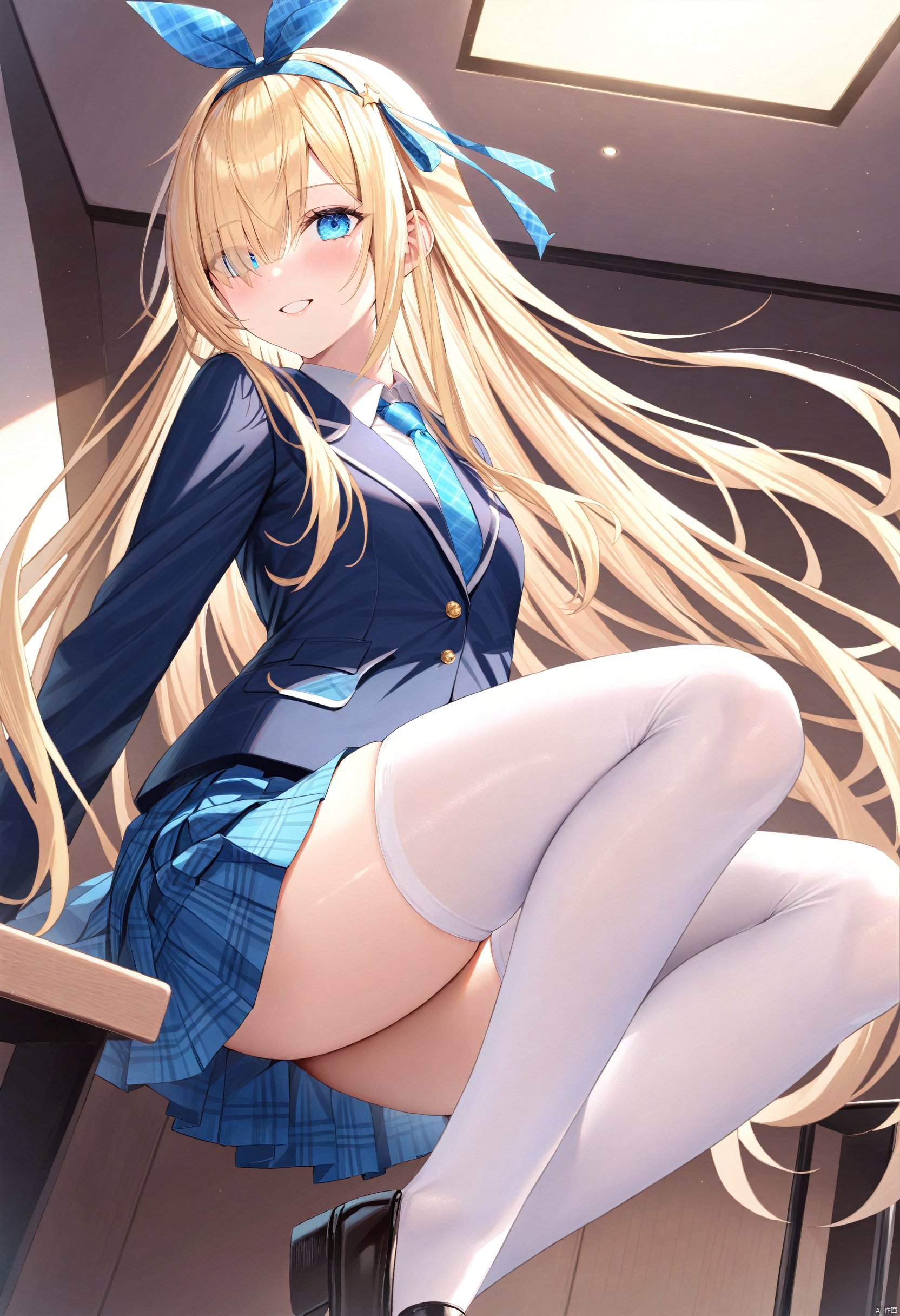 1girl, long hair, smile, bangs, blue eyes, skirt, blonde hair, shirt, thighhighs, long sleeves, hair ribbon, very long hair, school uniform, jacket, white shirt, pleated skirt, hairband, necktie, shoes, indoors, hair over one eye, white thighhighs, black jacket, plaid, blue dress, plaid skirt, BREAK, fine fabric emphasis,best quality,masterpiece,best quality,amazing quality,very aesthetic,absurdres,best quality,amazing quality,very aesthetic,absurdres,highly detailed,best quality,masterpiece,highly detailed,