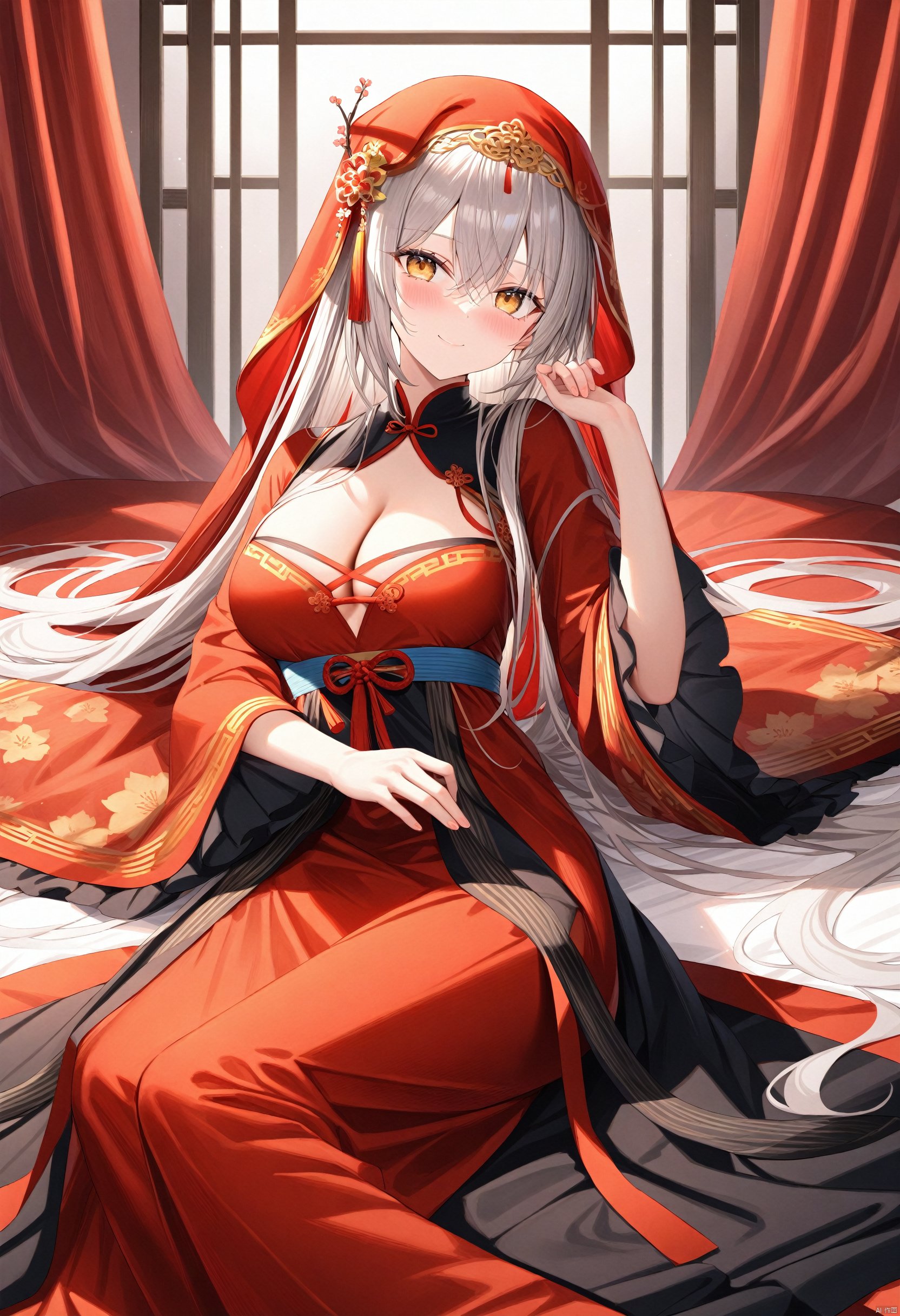 1girl, solo, long hair, breasts, looking at viewer, blush, smile, bangs, hair ornament, dress, cleavage, hair between eyes, brown eyes, very long hair, closed mouth, yellow eyes, white hair, grey hair, lying, wide sleeves, on back, red ribbon, chinese clothes, curtains, tassel, red veil, hanfu, BREAK, fine fabric emphasis,best quality,masterpiece,best quality,amazing quality,very aesthetic,absurdres,best quality,amazing quality,very aesthetic,absurdres,highly detailed,best quality,masterpiece,highly detailed,