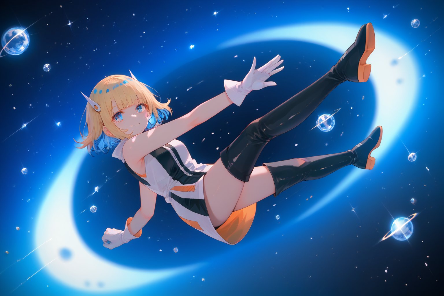 score_9_up,score_8_up, source_anime,solo,1girl,short-hair,blonde_hair,blue hair,multicolored hair,two-tone hair,gloves,standing,sleeveless,white_gloves,blue_eyes,bangs,blunt_bangs,short dress,outer_space,full_body,falling,thigh boots,black footwear,boots,dutch_angle,Nira-Chan,smile