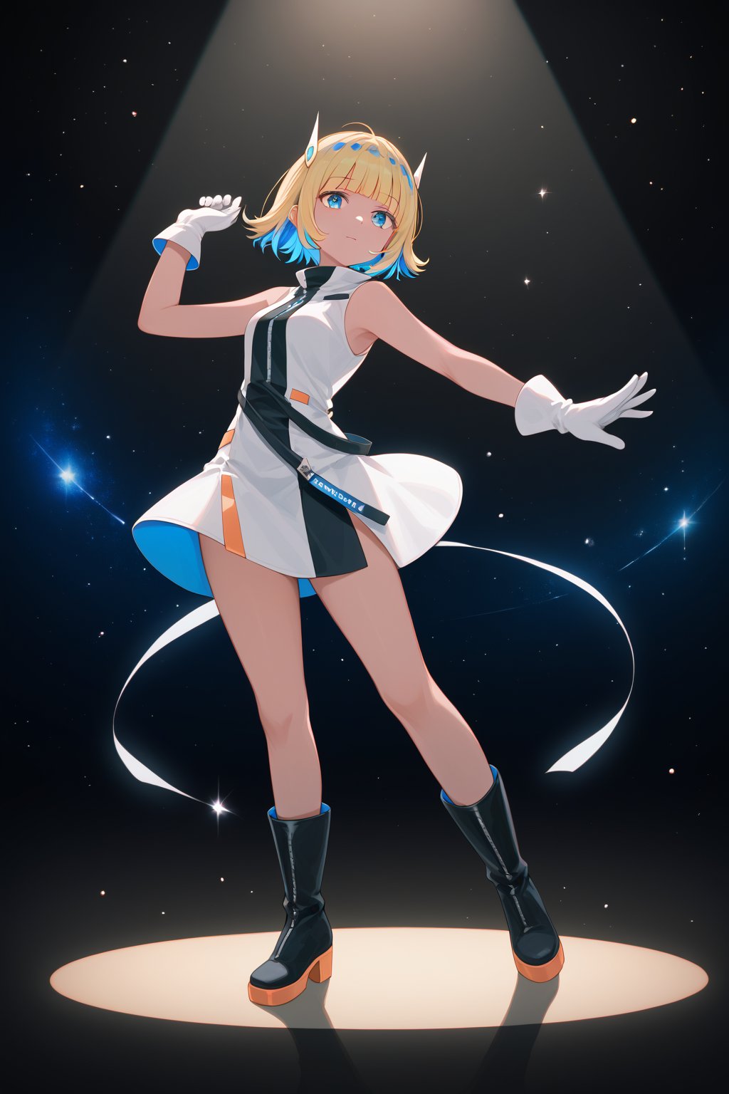 score_9_up,score_8_up, source_anime,solo,1girl,short-hair,blonde_hair,blue hair,multicolored hair,two-tone hair,gloves,standing,full_body,sleeveless,white_gloves,knee_boots,dancing,spotlight,blue_eyes,bangs,blunt_bangs,dress,outer_space,Nira-Chan,