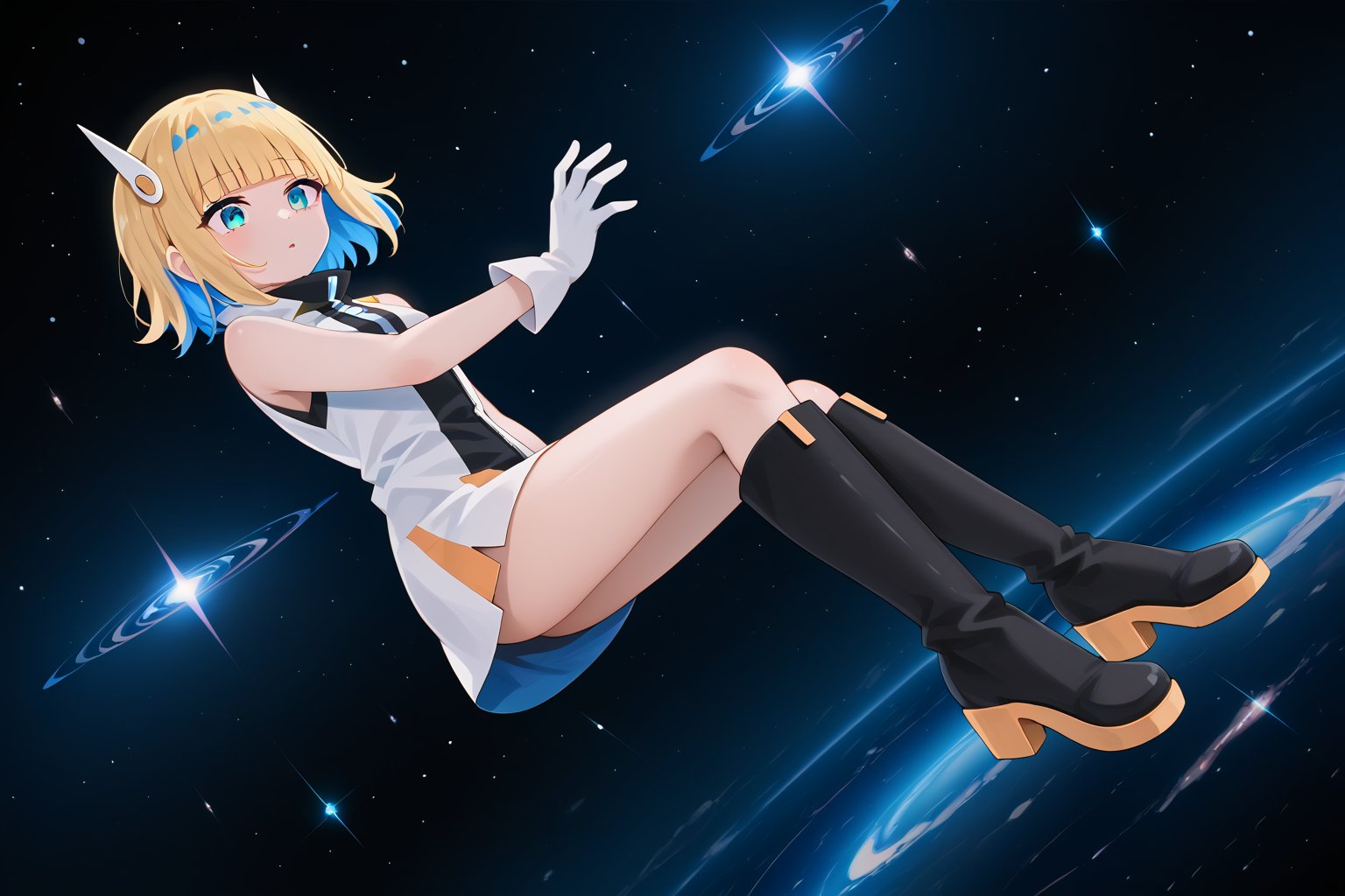 score_9_up,score_8_up, source_anime,solo,1girl,short-hair,blonde hair,blue hair,multicolored hair,two-tone hair,gloves,standing,sleeveless,white gloves,blue eyes,bangs,blunt_bangs,short dress,outer space,full body,falling,knee boots,black footwear,boots,dutch_angle,emotionless,Nira-Chan