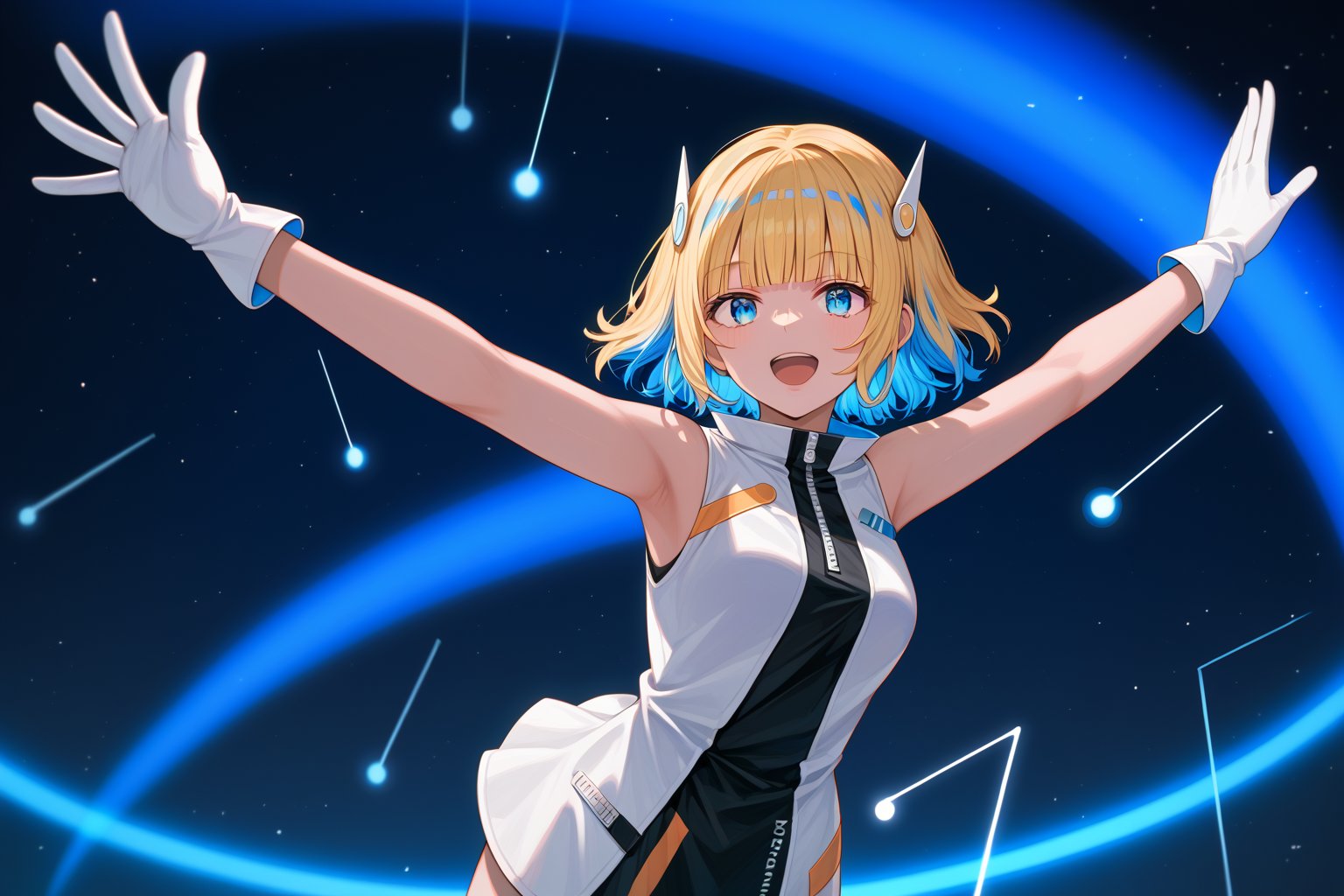 score_9_up,score_8_up, source_anime,solo,1girl,short-hair,blonde_hair,blue hair,multicolored hair,two-tone hair,gloves,standing,sleeveless,white_gloves,dancing,singing,blue_eyes,bangs,blunt_bangs,short dress,outer_space,cowboy_shot,Nira-Chan,