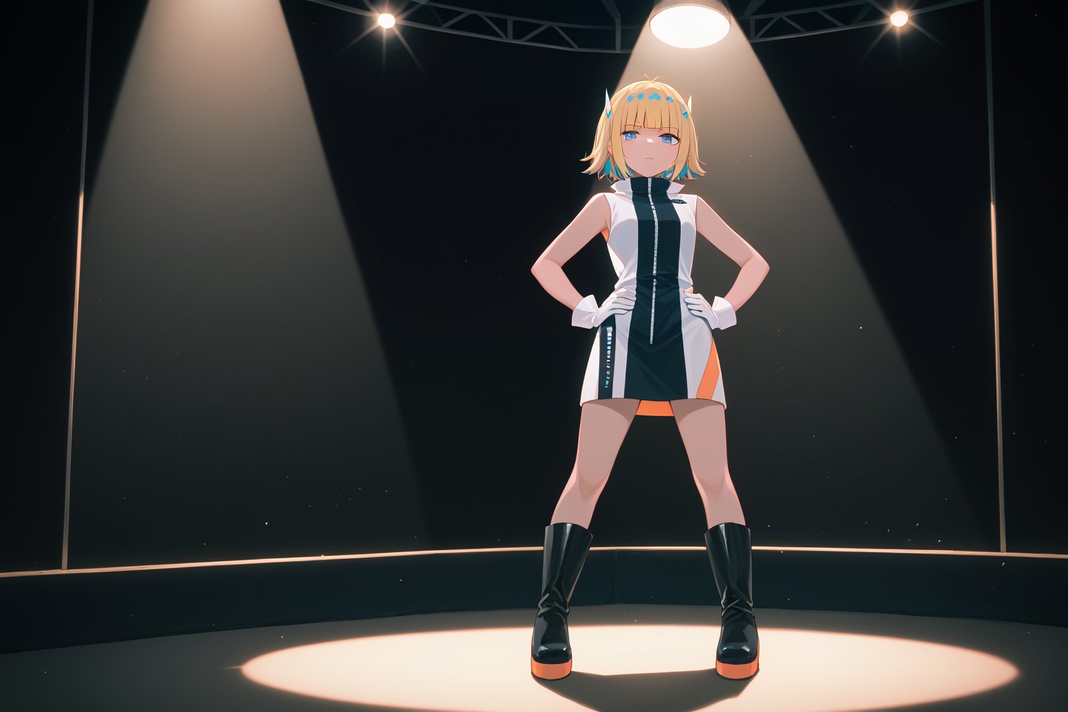 score_9_up,score_8_up, source_anime,solo,1girl,short-hair,blonde_hair,gloves,standing,full_body,boots,sleeveless,white_gloves,black_footwear,knee_boots,hands on hips,spotlight,blue_eyes,bangs,blunt_bangs,dress,indoors,Nira-Chan,