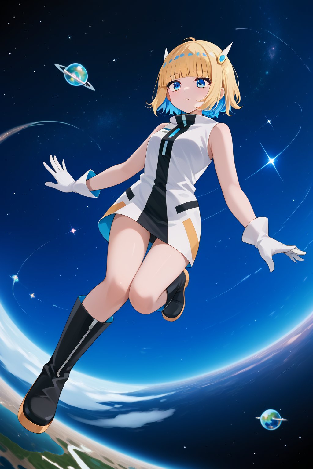 score_9_up,score_8_up, source_anime,solo,1girl,short-hair,blonde hair,blue hair,multicolored hair,two-tone hair,gloves,standing,sleeveless,white gloves,blue eyes,bangs,blunt_bangs,short dress,outer space,falling,knee boots,black footwear,boots,dutch_angle,emotionless,Nira-Chan