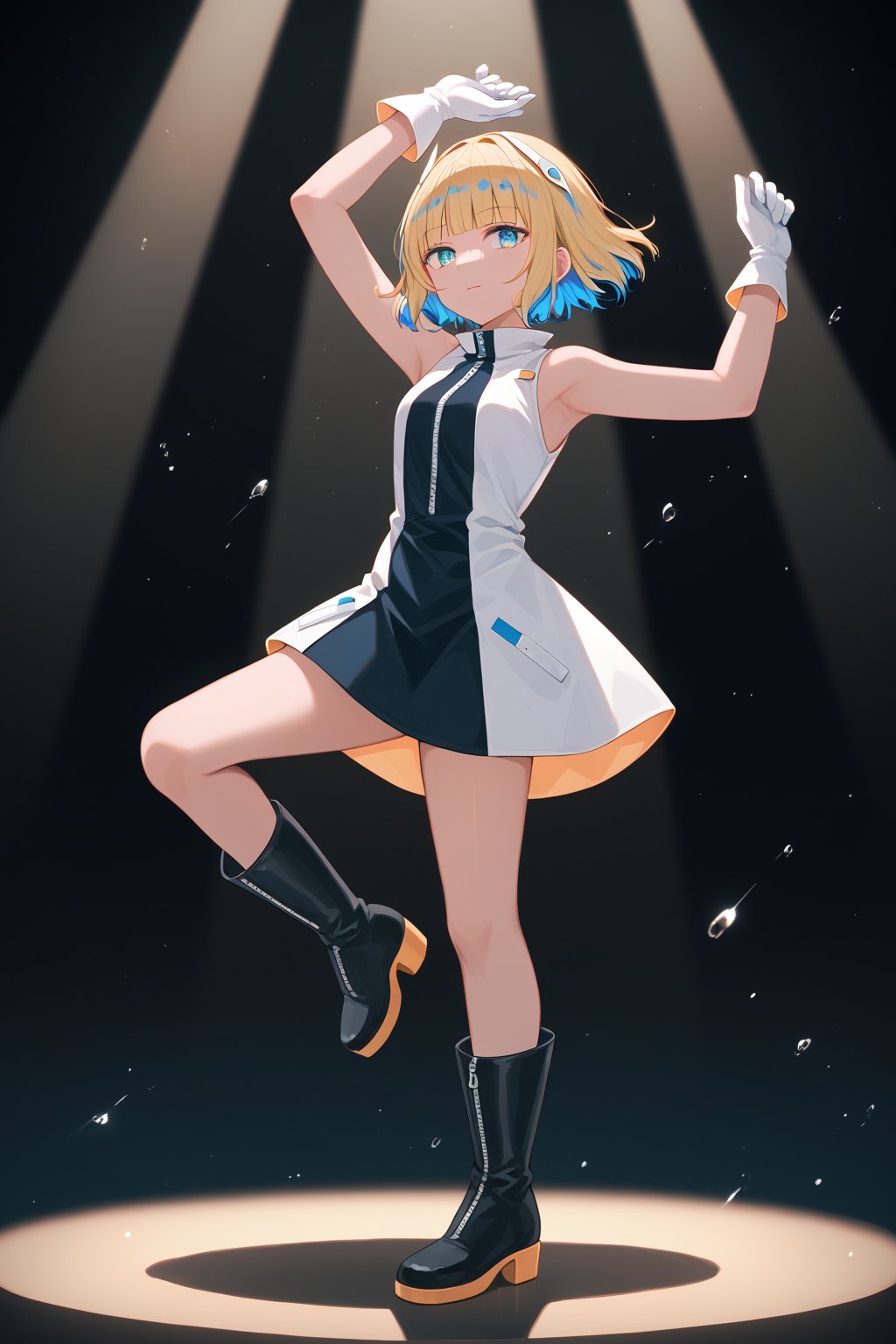 score_9_up,score_8_up, source_anime,solo,1girl,short-hair,blonde_hair,blue hair,multicolored hair,two-tone hair,gloves,standing,full_body,boots,sleeveless,white_gloves,black_footwear,knee_boots,dancing,spotlight,blue_eyes,bangs,blunt_bangs,dress,indoors,Nira-Chan,