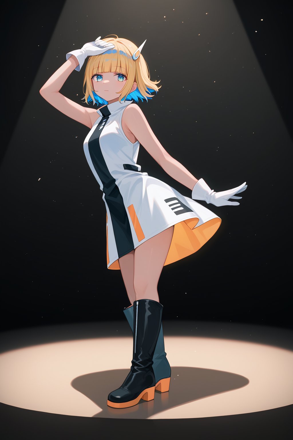 score_9_up,score_8_up, source_anime,solo,1girl,short-hair,blonde_hair,blue hair,multicolored hair,two-tone hair,gloves,standing,full_body,boots,sleeveless,white_gloves,black_footwear,((knee_boots)),dancing,spotlight,blue_eyes,bangs,blunt_bangs,dress,indoors,Nira-Chan,