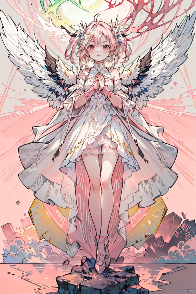 1girl,wings,knee,Embrace chest with both hands,full body,long dress,white pink theme,(((masterpiece,best quality))),((good structure)),((Good composition)),((clear, original,beautiful)),