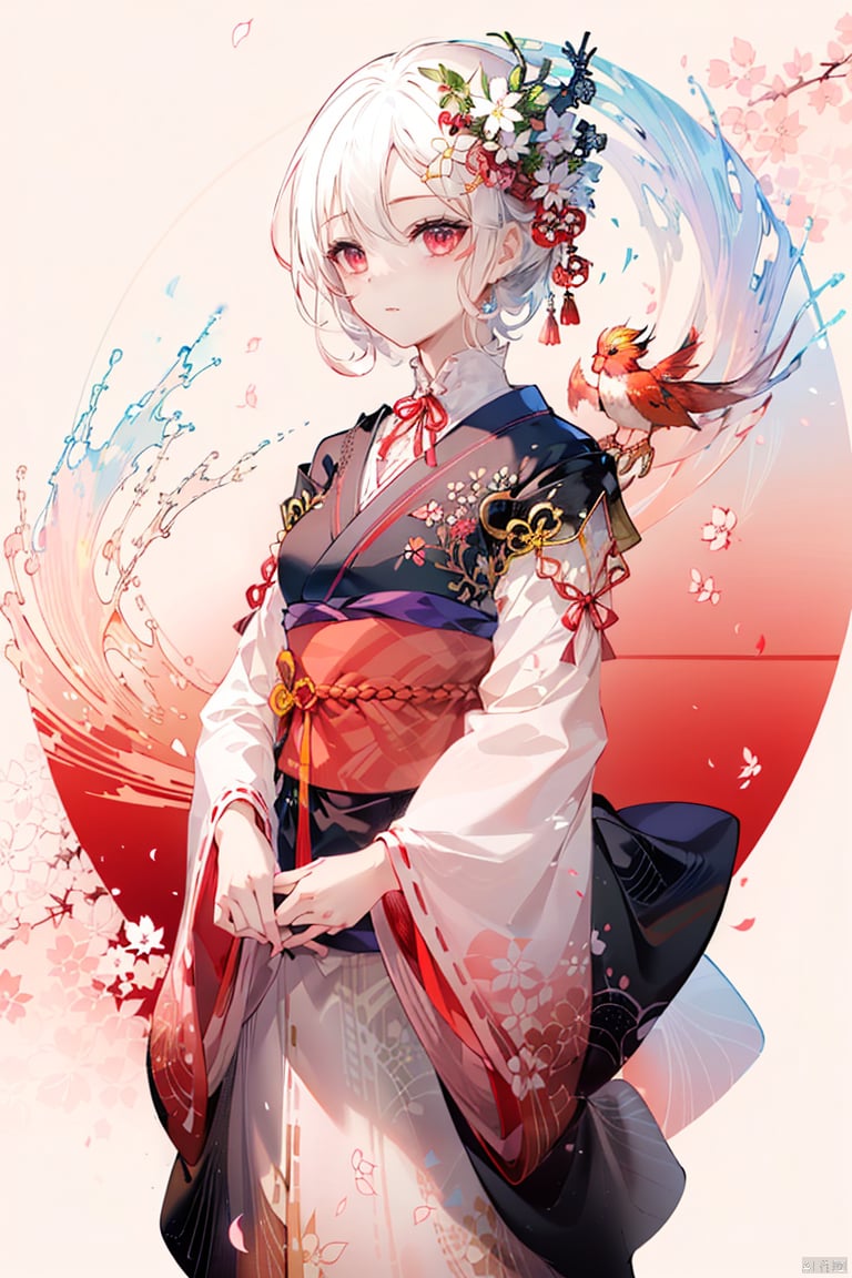 1girl,cherry blossoms,flower,hair ornament,white hair,hair flower,dragon,solo,red eyes,short hair,bangs,eastern dragon,white background,petals,wide sleeves,japanese clothes,long sleeves,pink flower,ribbon,closed mouth,looking,mile,bird,multicolored,