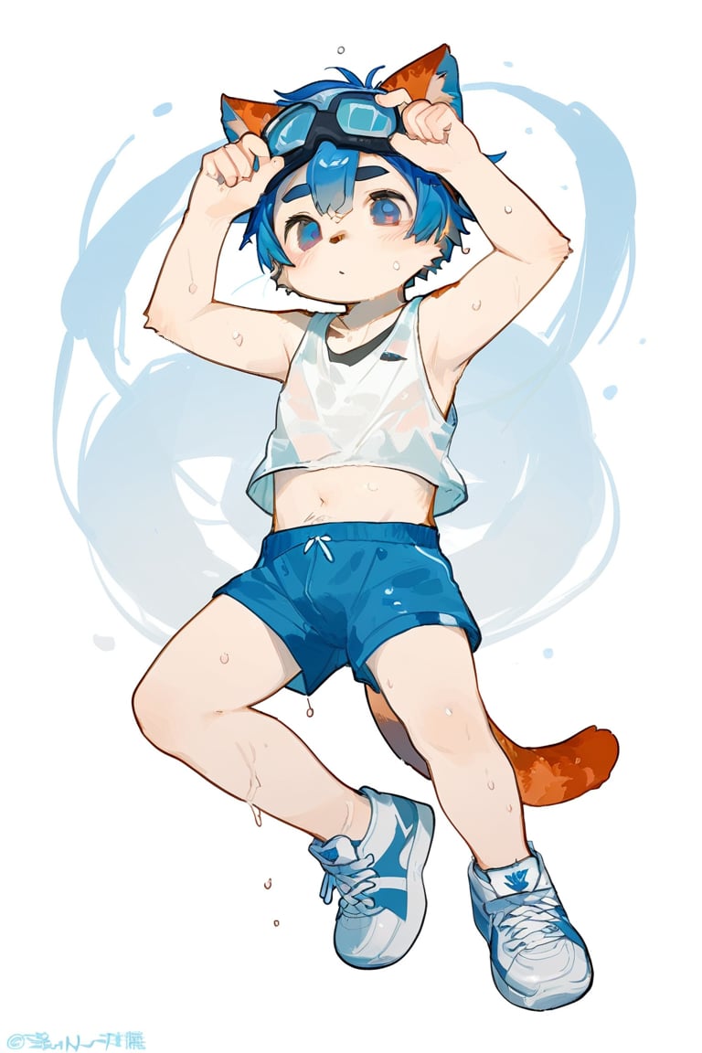 furry,solo,male,shota,cat_boy,animal ear,blue ear,blue hair,blue eyes,BREAK,
goggles_on_head,ski_goggles,green goggles,BREAK,
sneakers,crop_top,wet,
score_9,score_8_up,score_7_up,score_6_up,score_5_up,score_4_up,masterpiece,Art by milkytiger1145