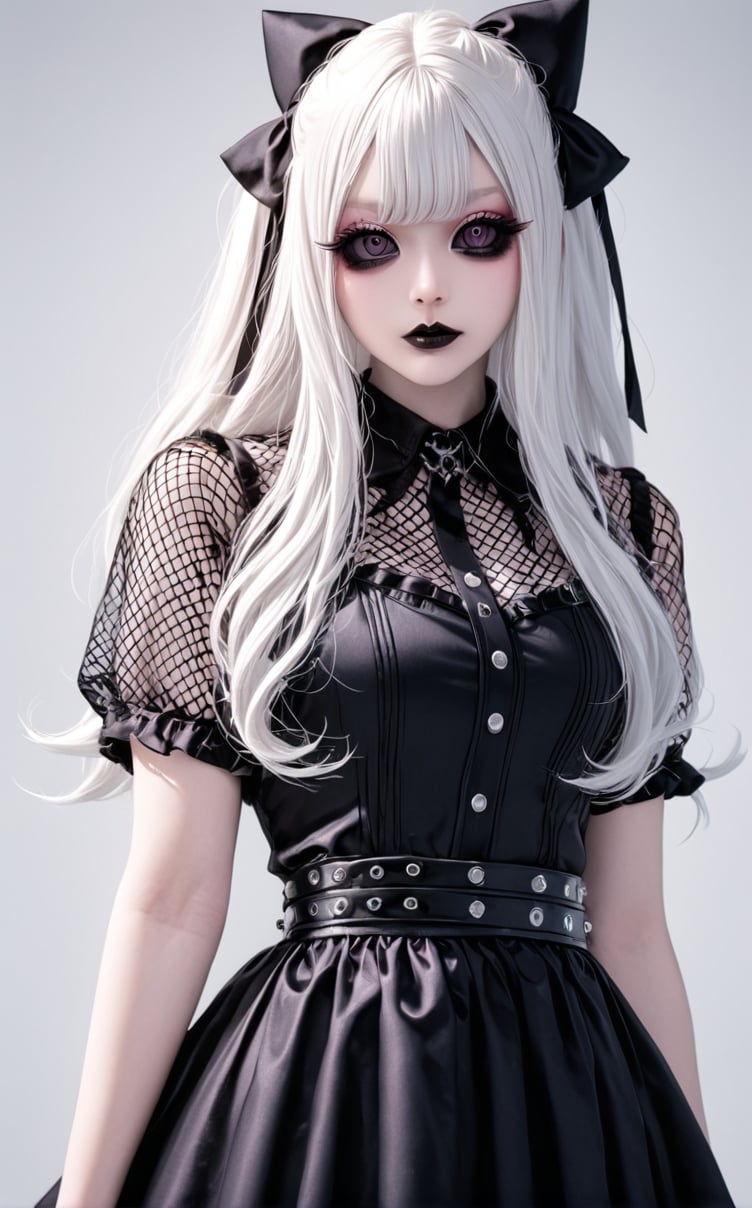 Shoujo manga style,1girl,ultra cute, Harajuku Style grunge fashion with kawaii and Lolita themes, albino demon girl,(pure white long hair),(black sclera;1.2),luxury mesh fishnet blouse
