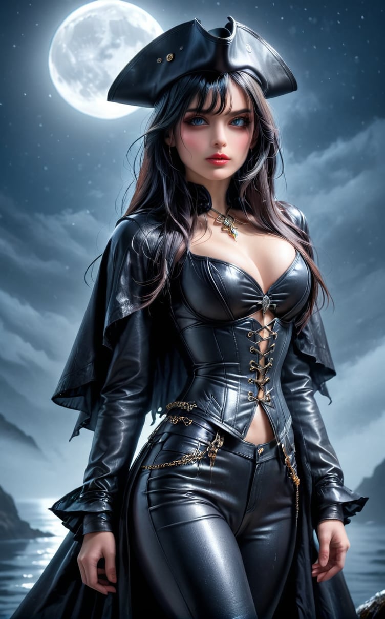 A sultry pirate woman stands defiantly against a misty, moonlit backdrop. Her slender physique is accentuated by the clinging, wet leather corset and pants, glistening with dew-like sheen. Vibrant black hair flows like fire down her back, as she gazes boldly into the distance. The triangular hat perches atop her head, while heavy chainmail adorns her arms, glinting in the soft light. Her ample bosom is confined by the leather corset, drawing attention to her statuesque figure. Felt boots and a flowing cloak complete her swashbuckling ensemble.
