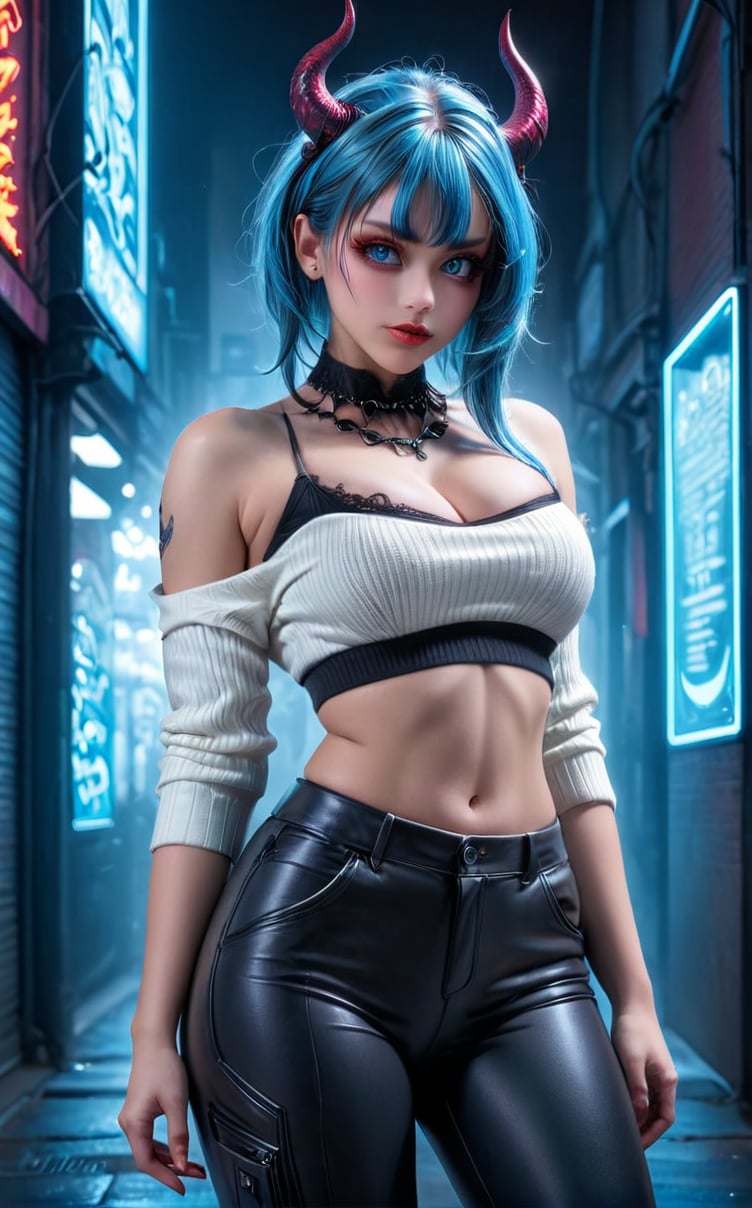 1girl, demon girl, demon horns, pointy ears. off shoulder jacket, white_sweater, collar, lace trim, sleeveless, sweat pants. Bare shoulder, tattoo on shoulder. Huge Breasts, midriff, tattoo on midriff, pop hip, large hip, narrow waist, thick thighs, hourglass body. asymetrical hair, cyberpunk hairstyle, colour streaked hair, highlights. masterpiece, best quality, ultra highres, depth of field. full dual colour neon lighting, hard dual colour lighting. detailed face, detailed blue eyes, street, night , detailed background. intricate, comprehensive cinematic, magical, gradient lights, colorful, detailed landscape. shiny skin, skindentation.
