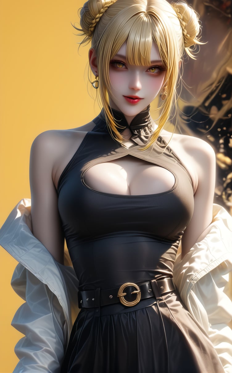 looking at viewer, 1girl, solo, breasts, looking at viewer, smile, bangs, blonde hair, hair ornament, dress, cleavage, bare shoulders, jewelry, medium breasts, jacket, braid, earrings, open clothes, sleeveless, tongue, hairclip, belt, virtual youtuber, dark skin, tongue out, off shoulder, hair bun, nail polish, black dress, open jacket, dark-skinned female, hand on hip, clothing cutout, v, double bun, cleavage cutout, white jacket, black nails, yellow background, cropped legs, (((neon theme))), dark theme, vivid color, masterpiece, best quality, amazing quality, very aesthetic, absurdres, depth of field, score_9, score_8, score_7, score_6,sexy girl
,image in realistic 3d style