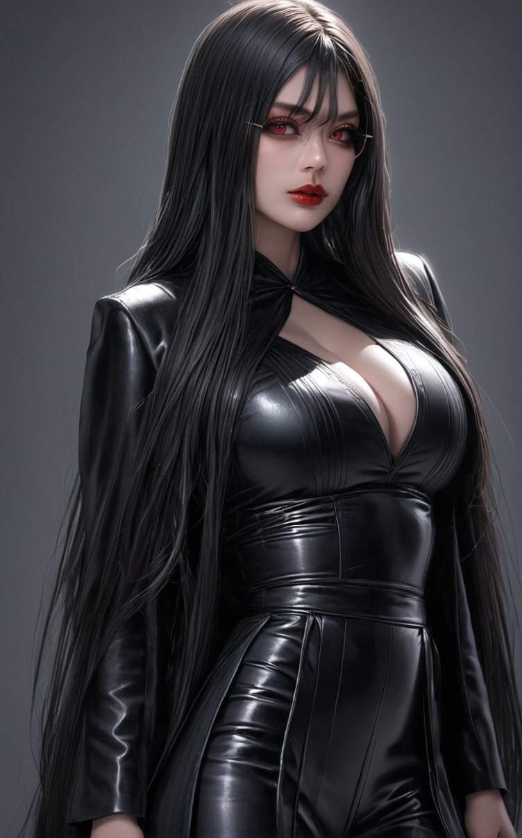 A besautiful woman, ((red eyes)), circle-glasses, large breasts, (large breasts quality), 8k, best quality, masterpiece, high details, realistic, photorealism, (eyeliner, eyeshadow, black lipstick), (glossy lips), black hair, messy_hair, (long straight hair), (straight hair:1.4), ((full_body)), standing, sith, star wars
