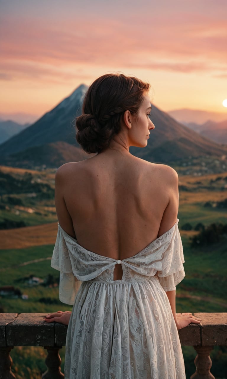 score_9, score_8_up, score_7_up, BREAK, rating_safe, beatiful female, from behind, resting looking at the sunset, from behind, landscape, mountain, intricate, princess, portrait, highly detailed, detailed skin, depth of field, film grain