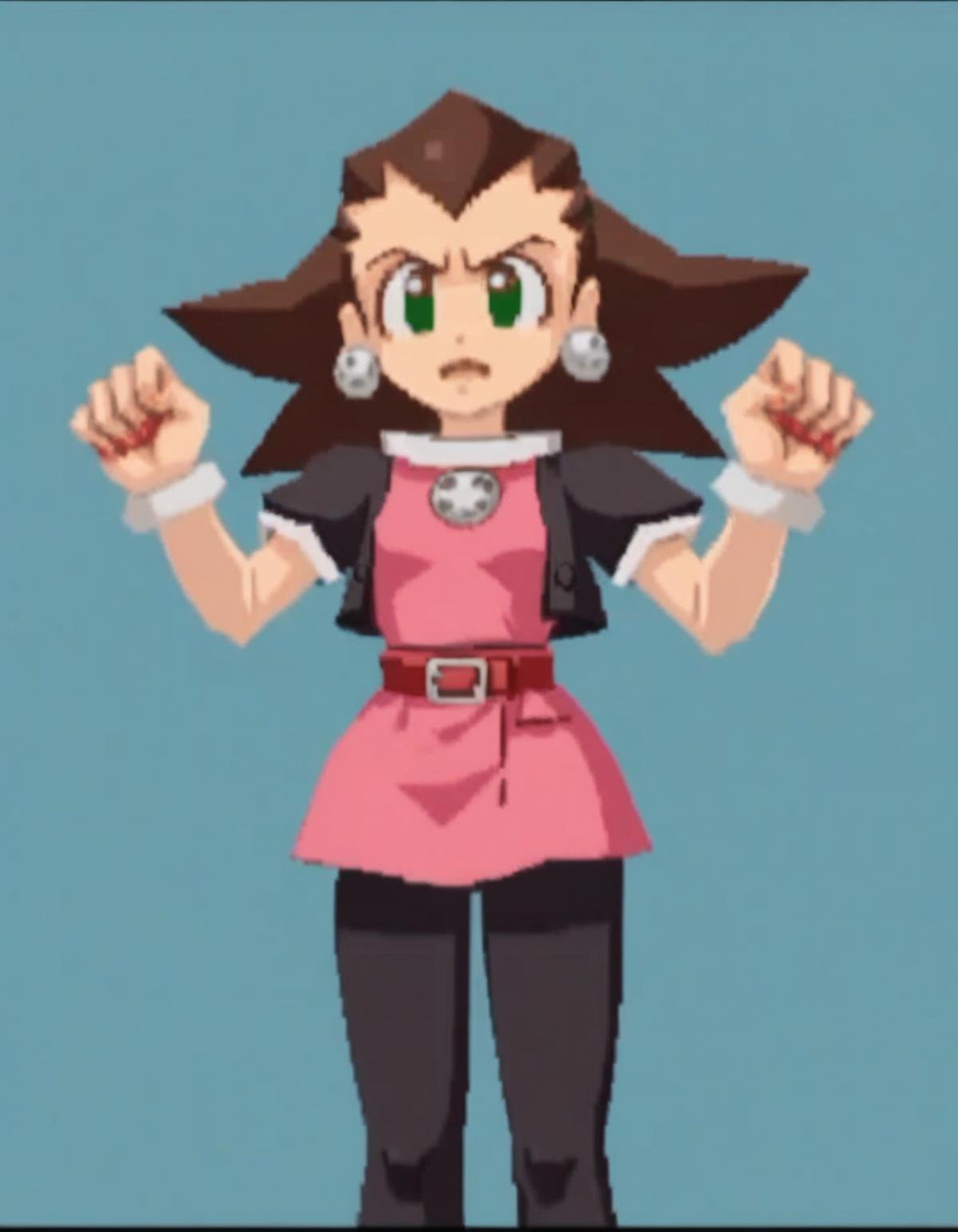 zPDXL, score_9, score_8_up, score_7_up, source_anime, 1girl, solo,<lora:RockLegend_v1:1> rcklgnd, tron bonne \(mega man\), brown hair, green eyes, pink dress, black jacket, black pantyhose, hair slicked back , giggling, victory pose,