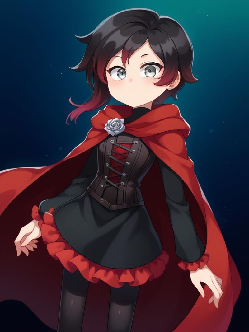 score_9, score_8_up, score_7_up, source_anime, BREAK1girl, solo,  <lora:Miwako:1> round head, round face,, Ruby Rose \(Rwby\), black hair, red hair, gradient hair, silver eyes, short hair, black dress, red frills, red cloak, pantyhose, black pantyhose, black boots, long sleeves, red trim, corset, black corset, turtleneck