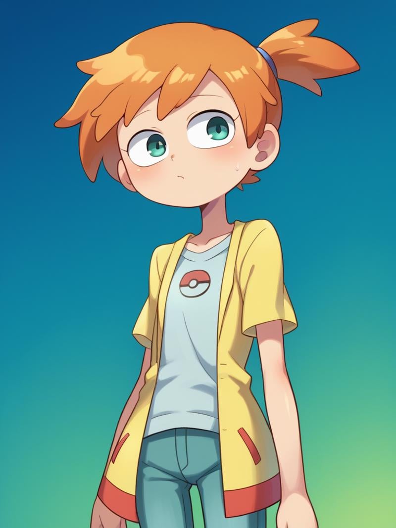 score_9, score_8_up, score_7_up, source_anime, BREAK1girl, solo,  <lora:Miwako:1> Pokemon, Misty, flat chest, orange hair, 