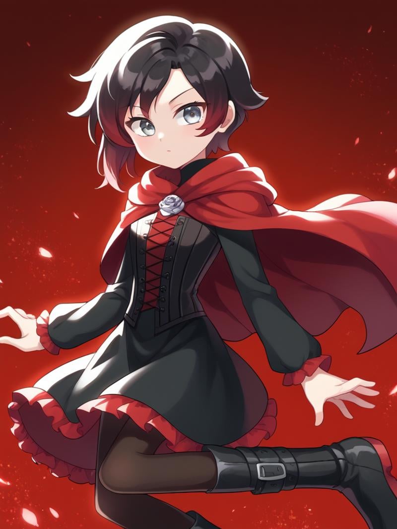 score_9, score_8_up, score_7_up, source_anime, BREAK1girl, solo,  <lora:Miwako:1> round head, round face,, Ruby Rose \(Rwby\), black hair, red hair, gradient hair, silver eyes, short hair, black dress, red frills, red cloak, pantyhose, black pantyhose, black boots, long sleeves, red trim, corset, black corset, turtleneck