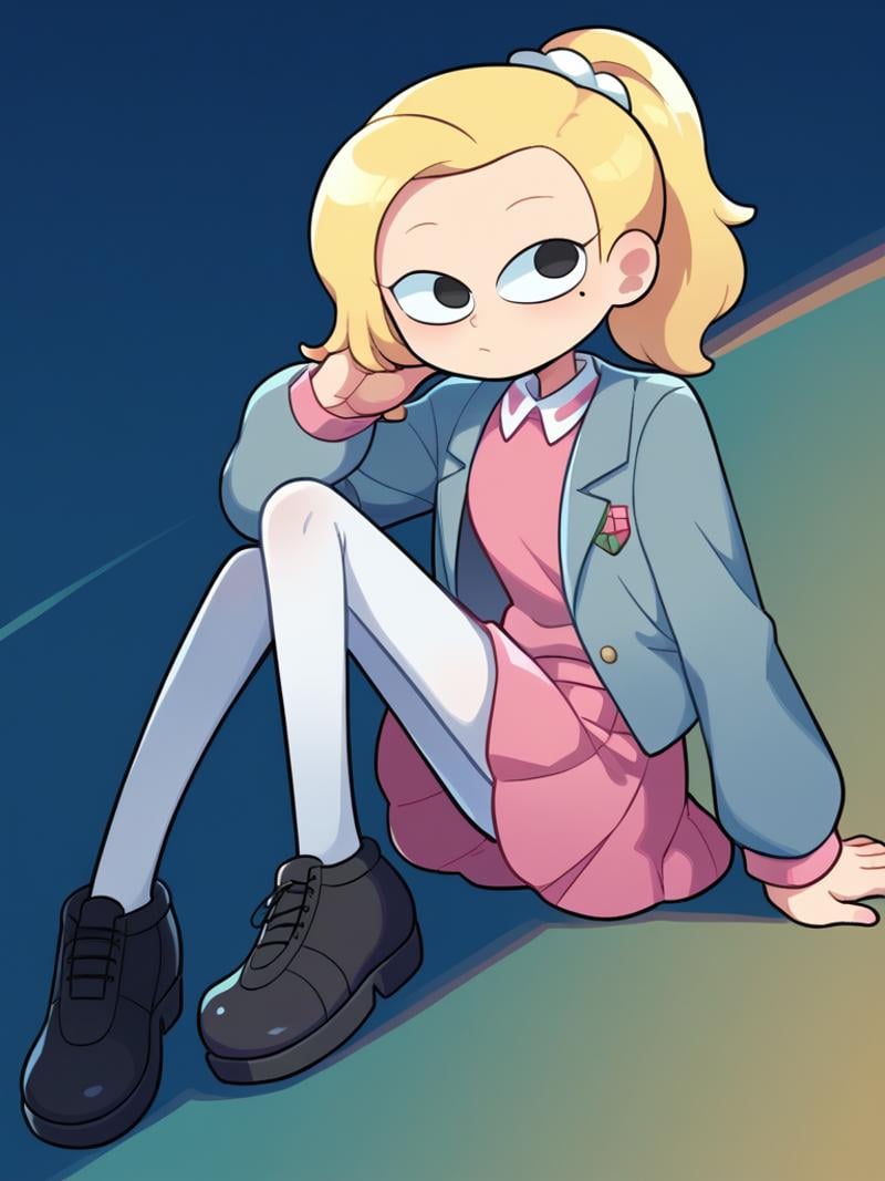 score_9, score_8_up, score_7_up, source_anime, BREAK1girl, solo,  <lora:Miwako-20:1> sasha waybright, blonde hair, mole under eye, ponytail, long hair, grey sweater, pink skirt, denim jacket, pink shirt collar, black eyes, white pantyhose, black shoes, 