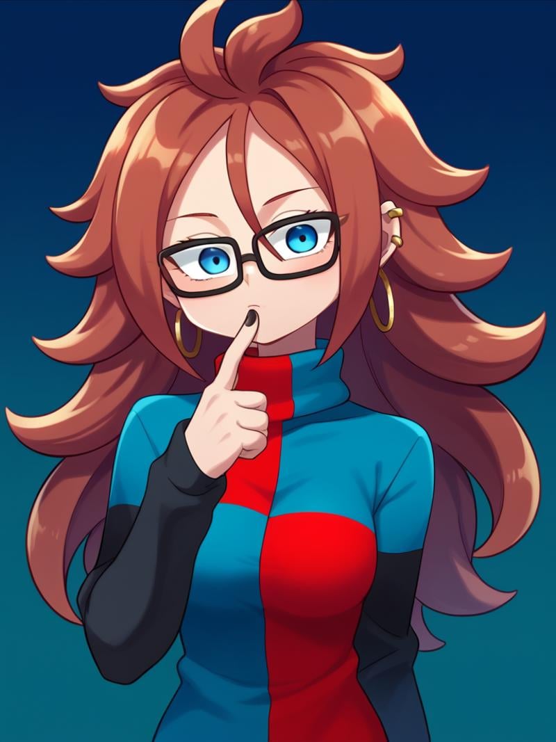 score_9, score_8_up, score_7_up, source_anime, BREAK1girl, solo,  <lora:Miwako:1> android 21, blue eyes, red hair, glasses , 