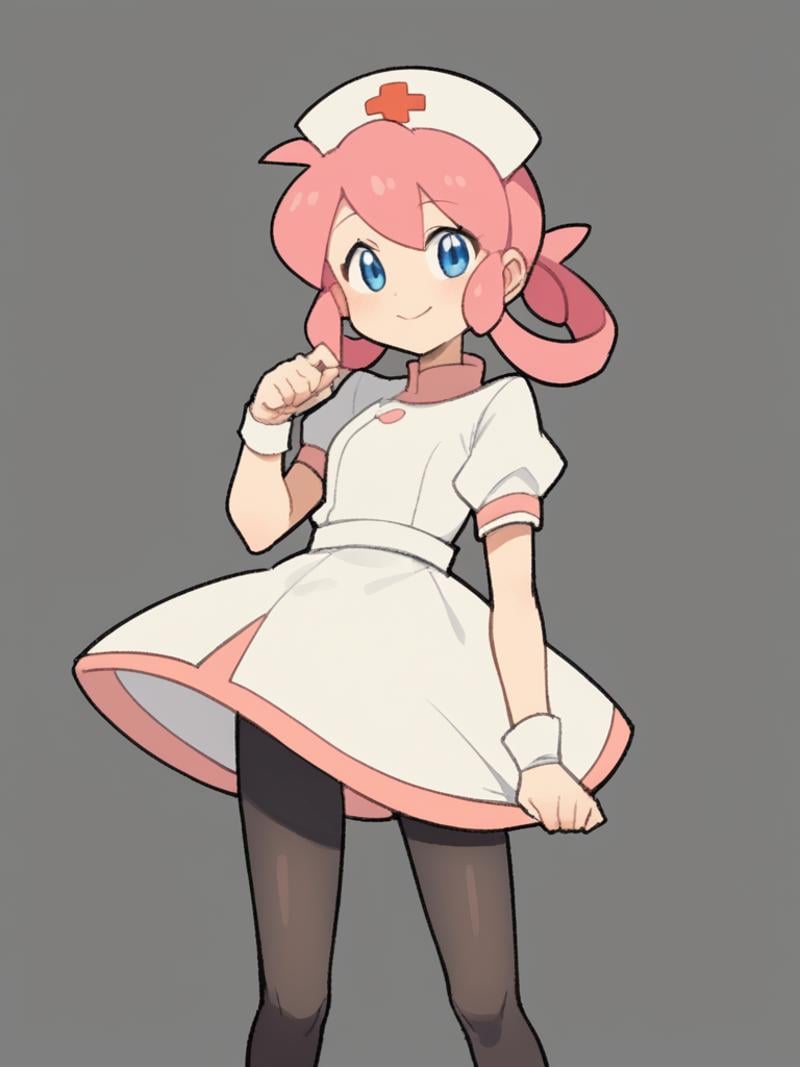 score_9, score_8_up, score_7_up, source_anime, BREAK1girl, solo,  <lora:TemmieChang-20:1> sketch, :3, dress, black pantyhose, Pokemon, Nurse Joy, pink hair, hair rings,