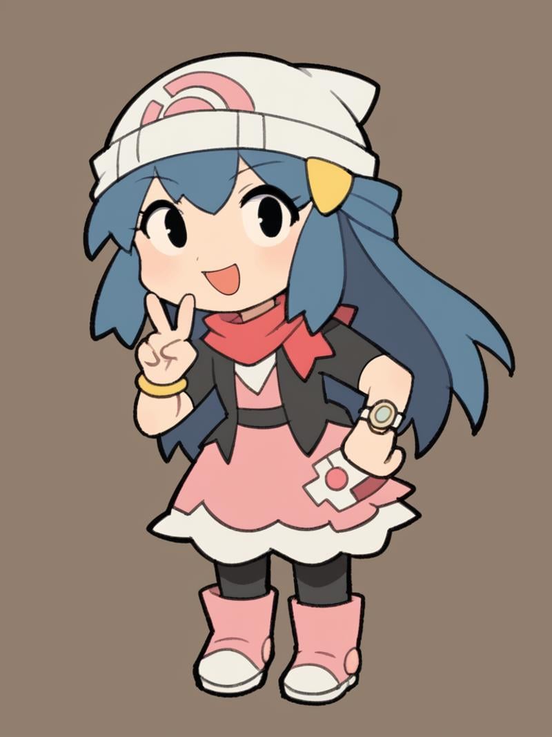 score_9, score_8_up, score_7_up, source_anime, BREAK1girl, solo,  <lora:TemmieChang-20:1> sketch, :3, dress, black pantyhose, chibi, doing a peace sign, playful, Pokemon, Dawn, blue hair, long hair,