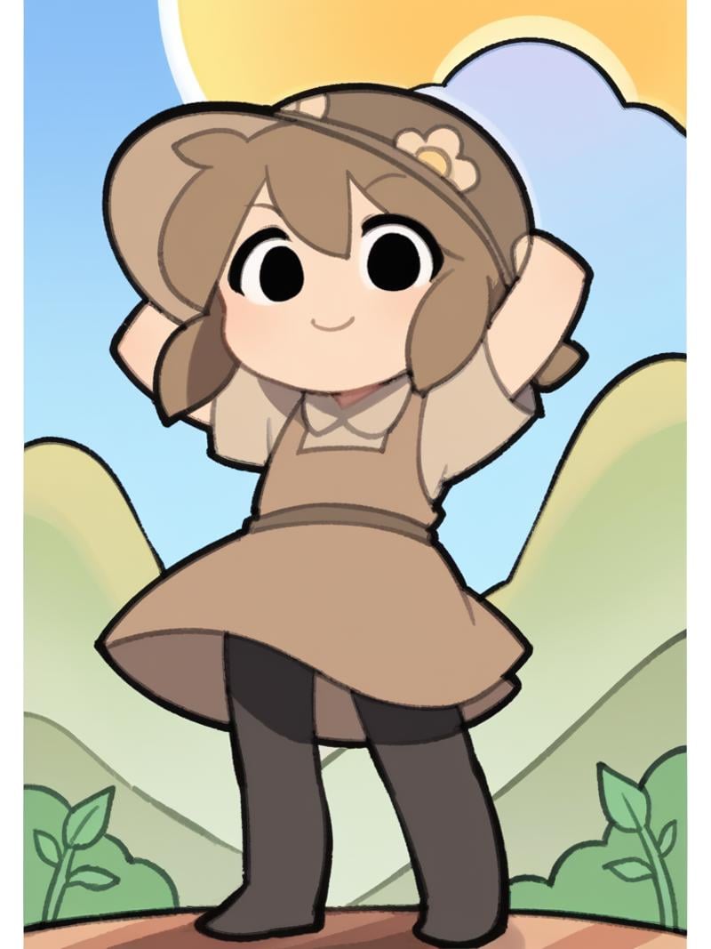 score_9, score_8_up, score_7_up, source_anime, BREAK1girl, solo,  <lora:TemmieChang-20:1> sketch, brown hair, low bun, black eyes, brown hat, :3, light smile, brown dress, black pantyhose, chibi, standing on a hillside, arms raised, embracing the warmth of the sun