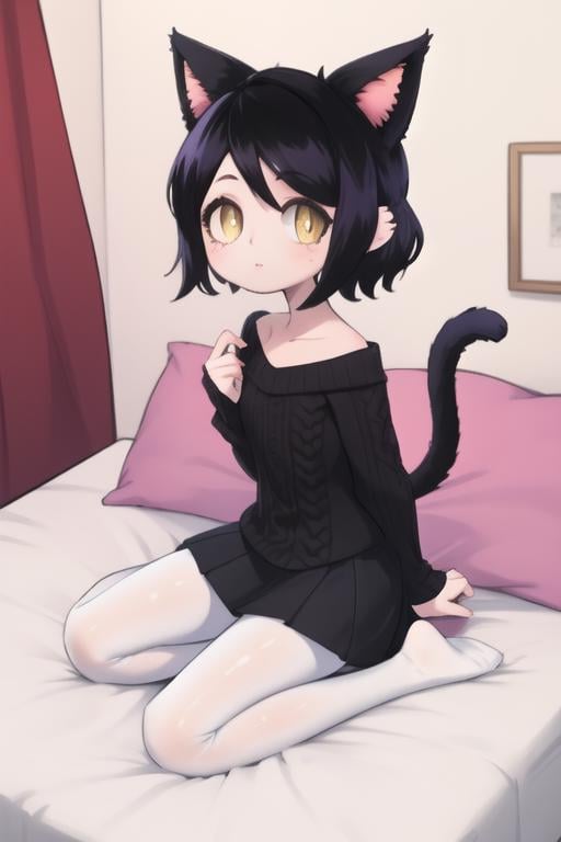 1girl, solo, masterpiece, <lora:Qitten:0.8> qitten, animal ears, cat ears, (miqo'te), [face marking] black hair, short hair, yellow eyes, slit pupils, flat chest, little girl, child, cat eyes, tail, BREAKsweater, long skirt, pantyhose, looking at viewer, no shoes, BREAK <lora:valbun-15:1> valbun,